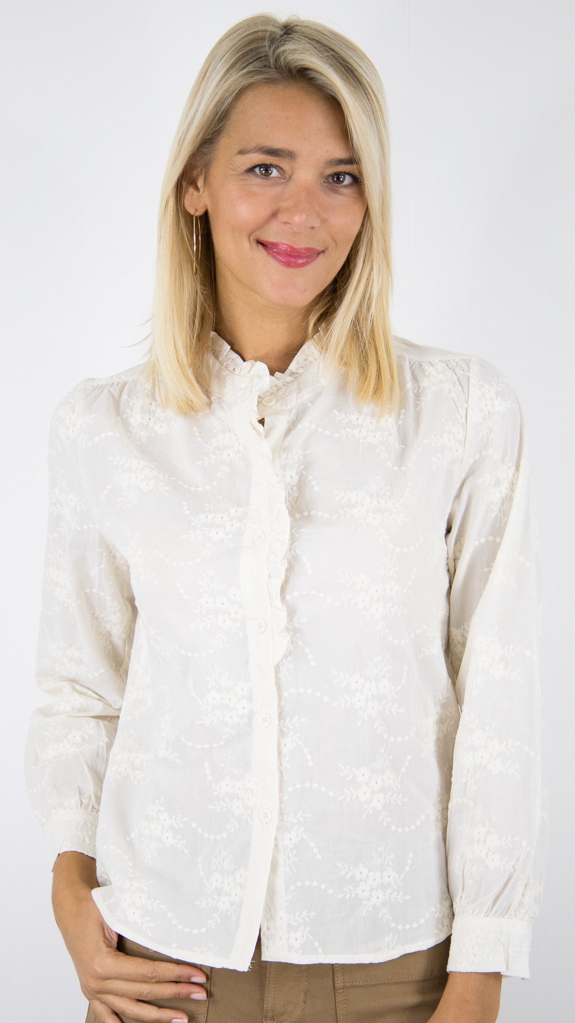 BLOUSE BRODEE COL VOLANTE ECRUE EN COTON SEASON 15H054 