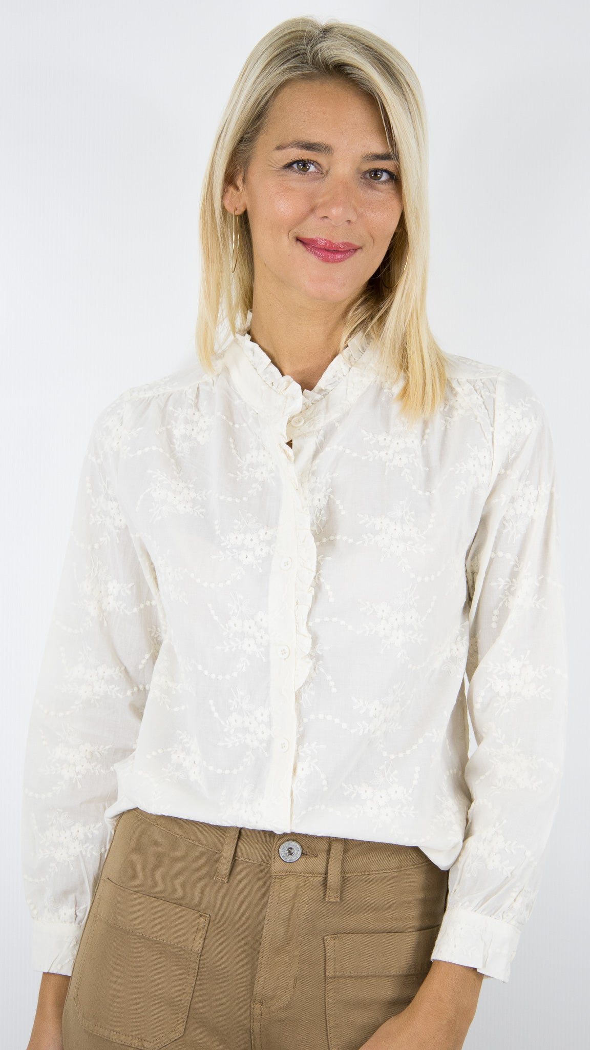 BLOUSE BRODEE COL VOLANTE ECRUE EN COTON SEASON 15H054 