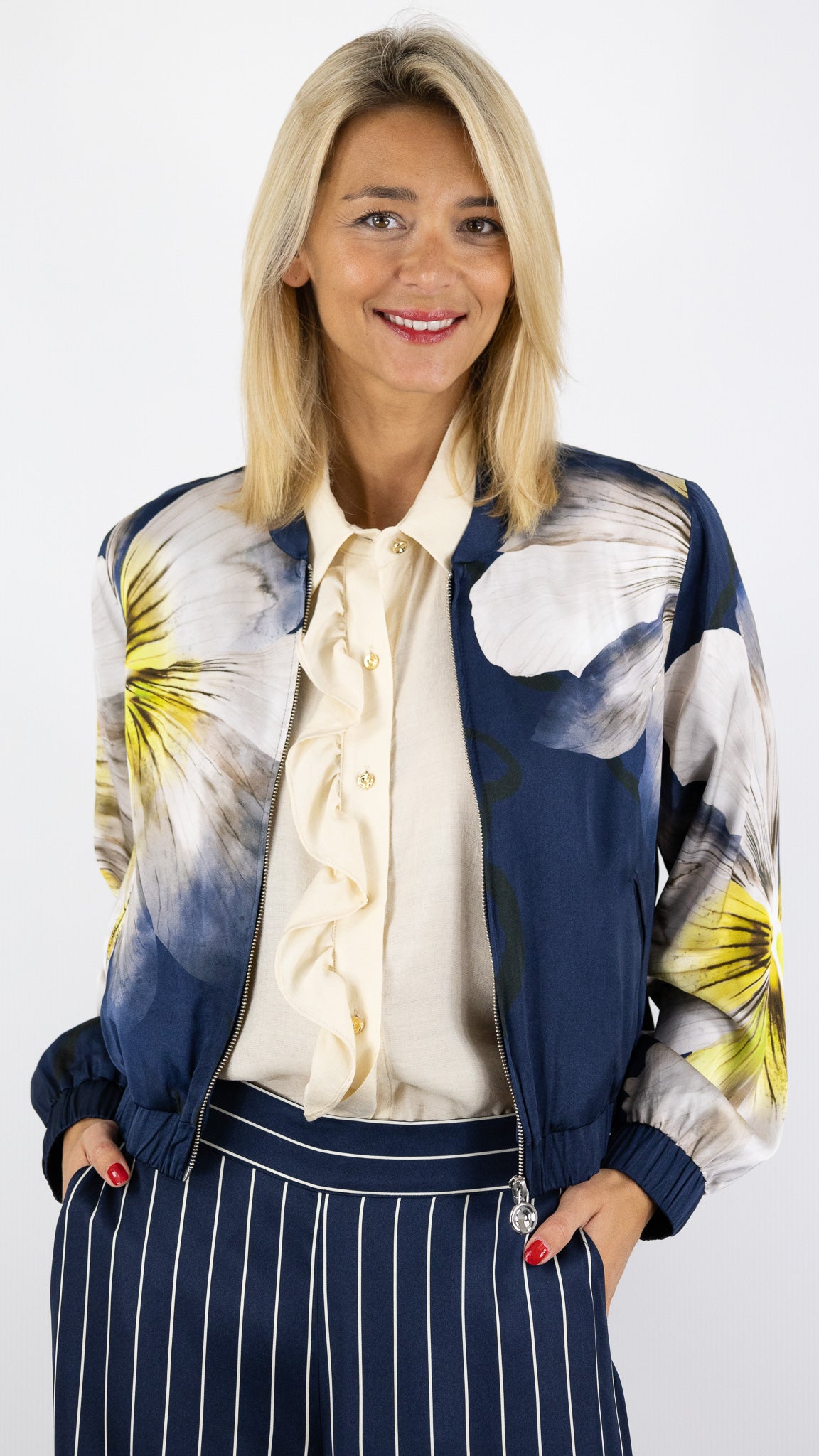 BOMBER IMPRIME FLORAL POUR FEMME BLEU CAROLINE BISS 1816 