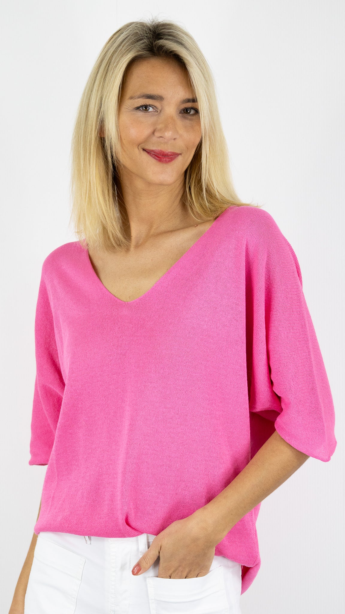 PULL V AMPLE KIMONO EN COTON STUDIO PARISIEN 18505#COLOR_FUSHIA