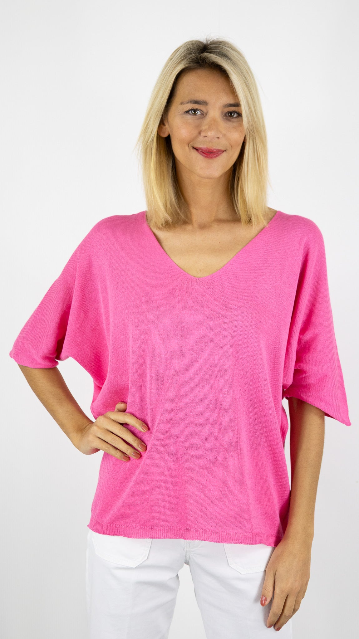 PULL V AMPLE KIMONO EN COTON STUDIO PARISIEN 18505#COLOR_FUSHIA