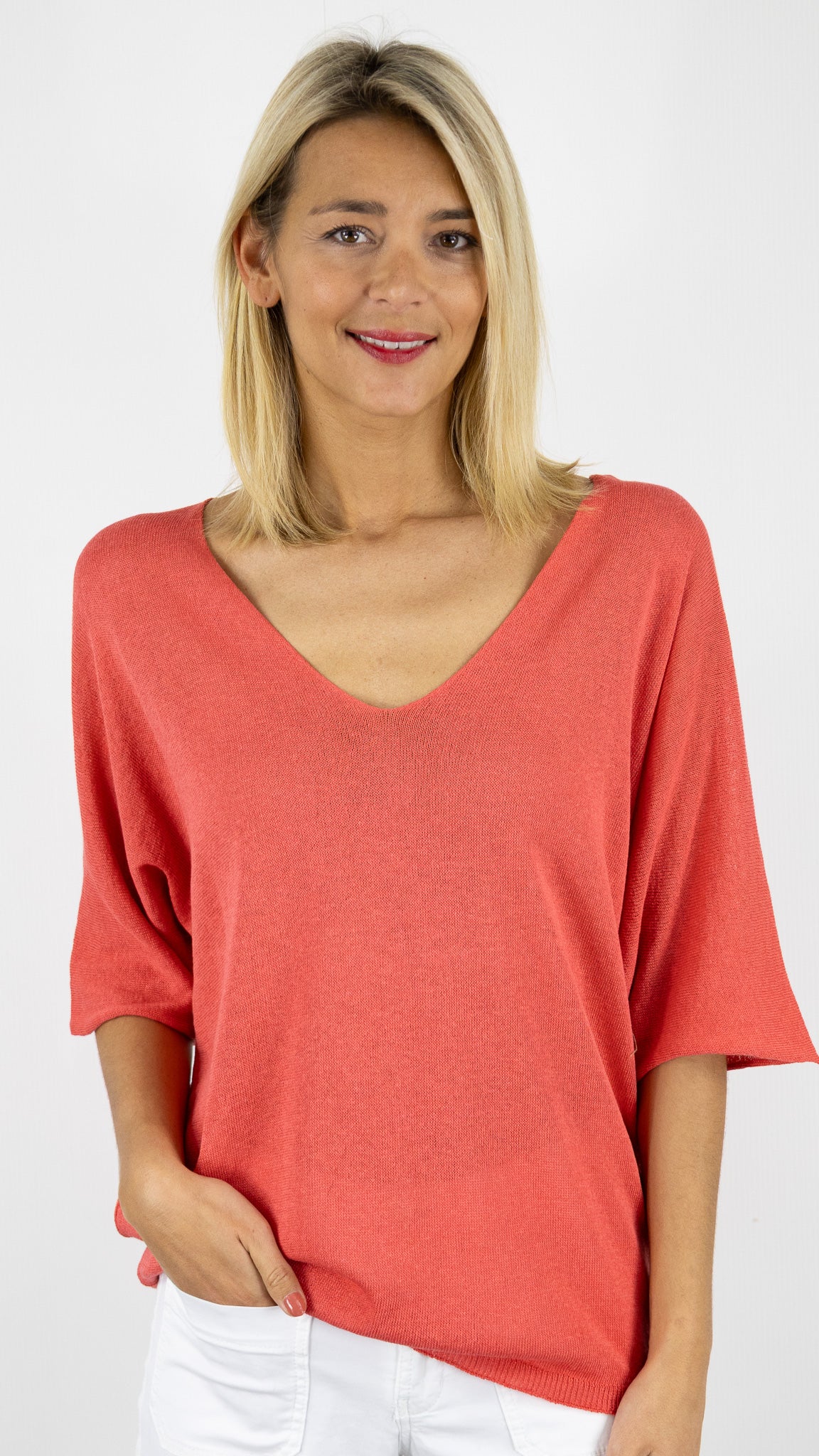 PULL V AMPLE KIMONO EN COTON STUDIO PARISIEN 18505#COLOR_PEPEROSA/CORAIL