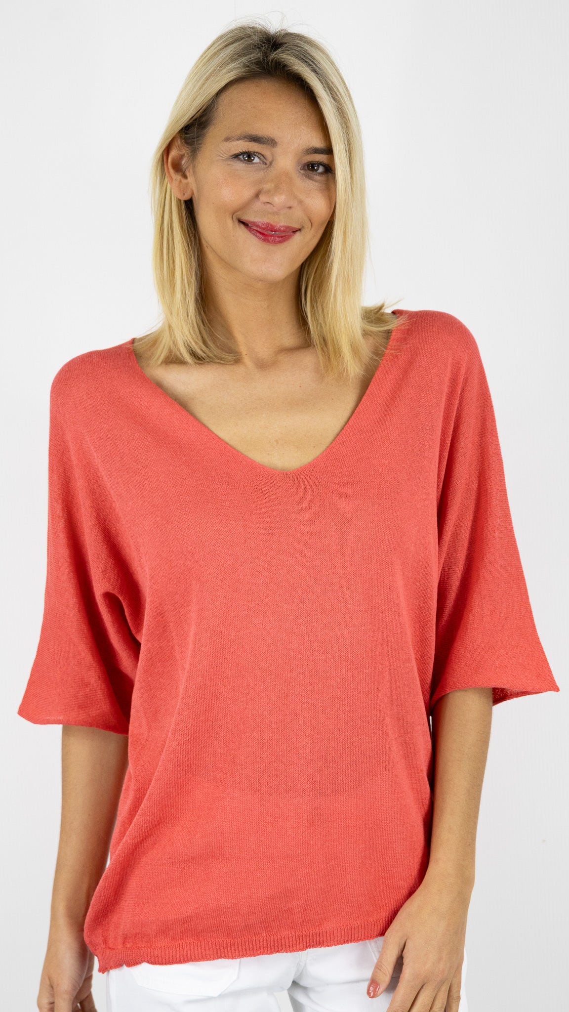 PULL V AMPLE KIMONO EN COTON STUDIO PARISIEN 18505#COLOR_PEPEROSA/CORAIL