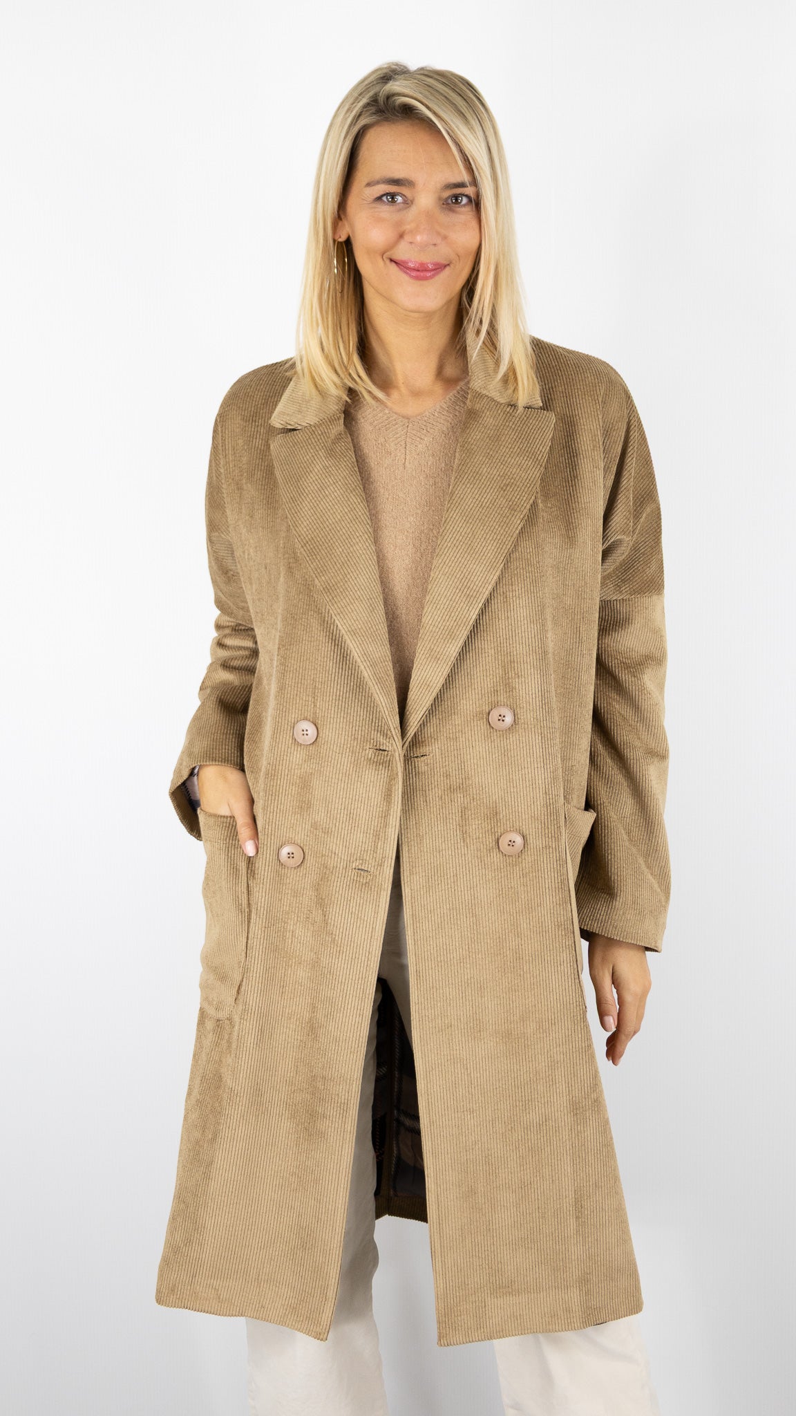 MANTEAU LONG EN VELOURS STUDIO PARISIEN 19039#COLOR_BRUN/CAMEL