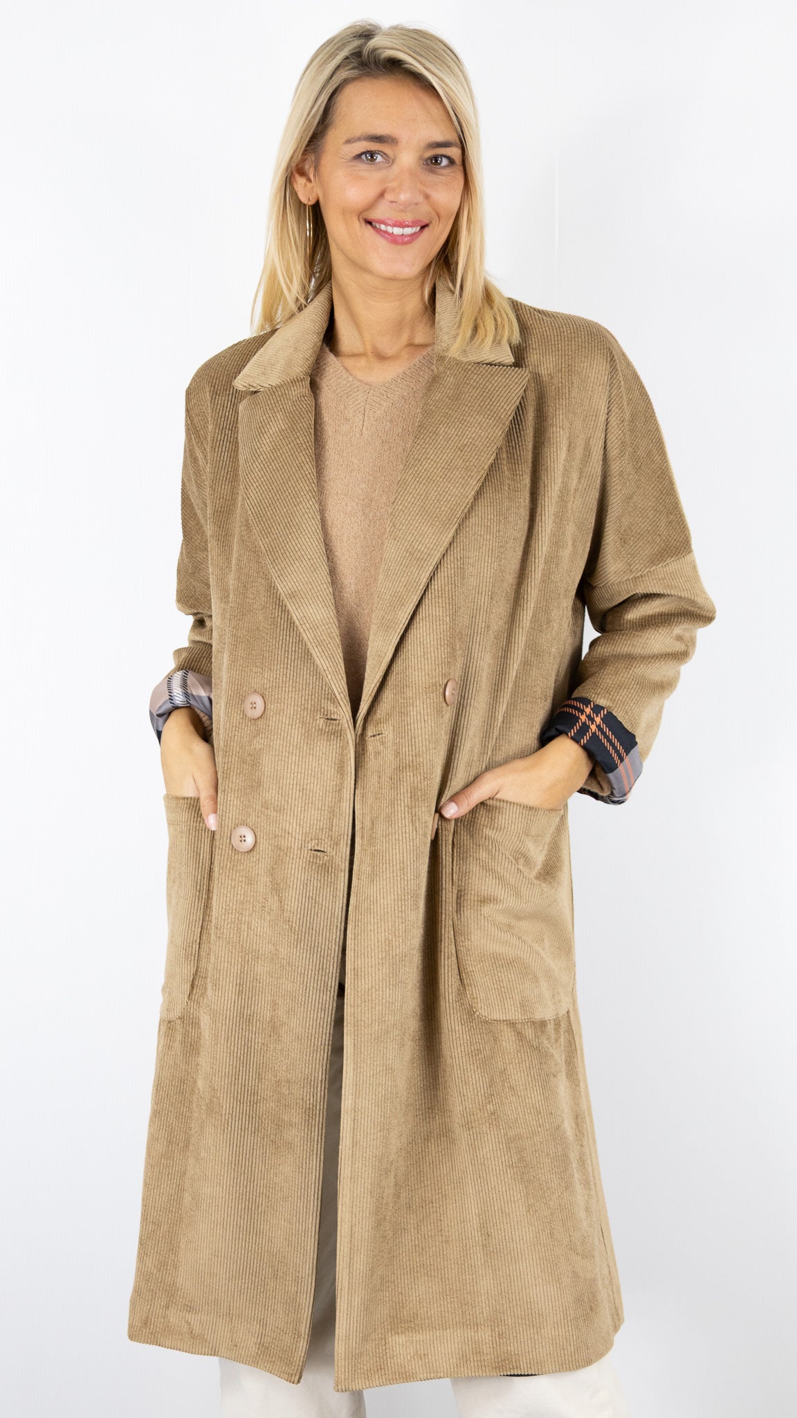 MANTEAU LONG EN VELOURS STUDIO PARISIEN 19039#COLOR_BRUN/CAMEL