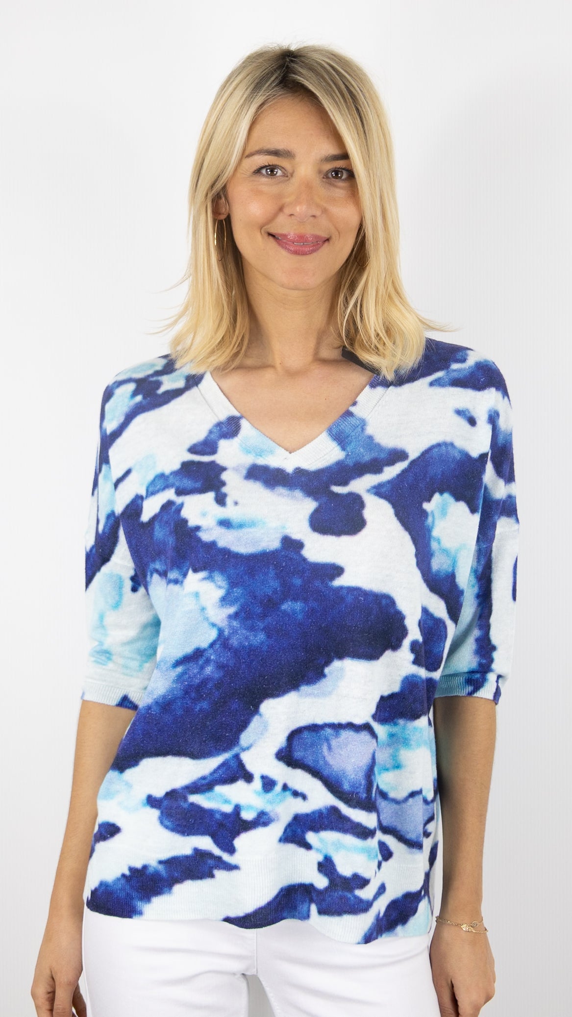 PULL COL V IMPRIME BLEU EN LIN  ESTHEME JF6S037E