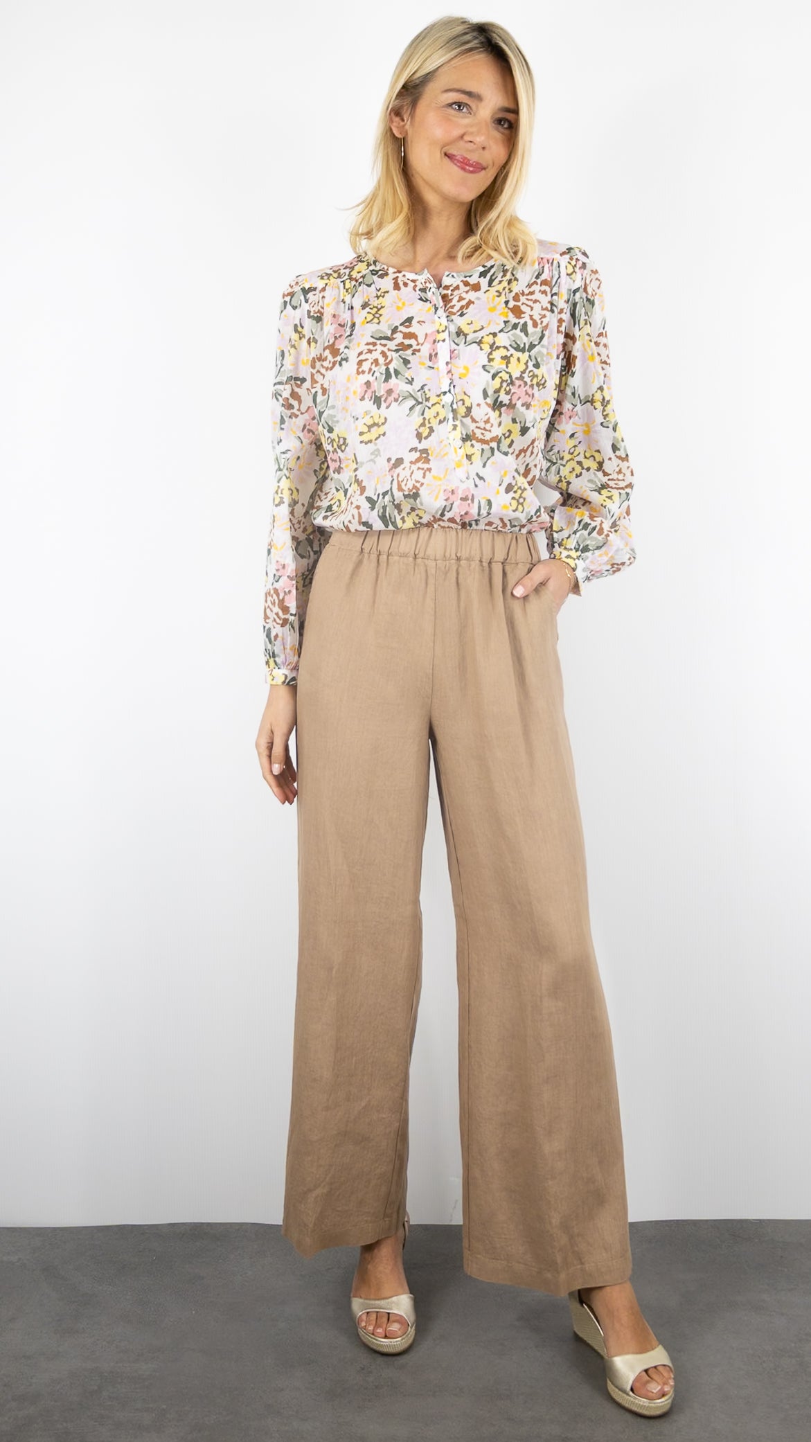 PANTALON large en lin pour femme ROSSO 35 N1774PA/8000#COLOR_743/CAMEL