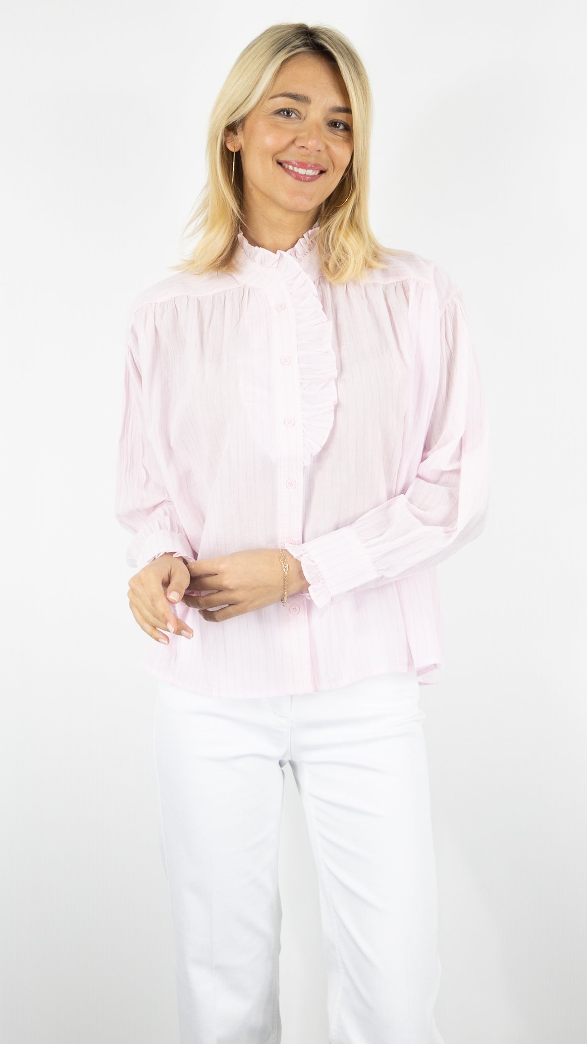 Blouse Vous rayé col vola #COLOR_rose
