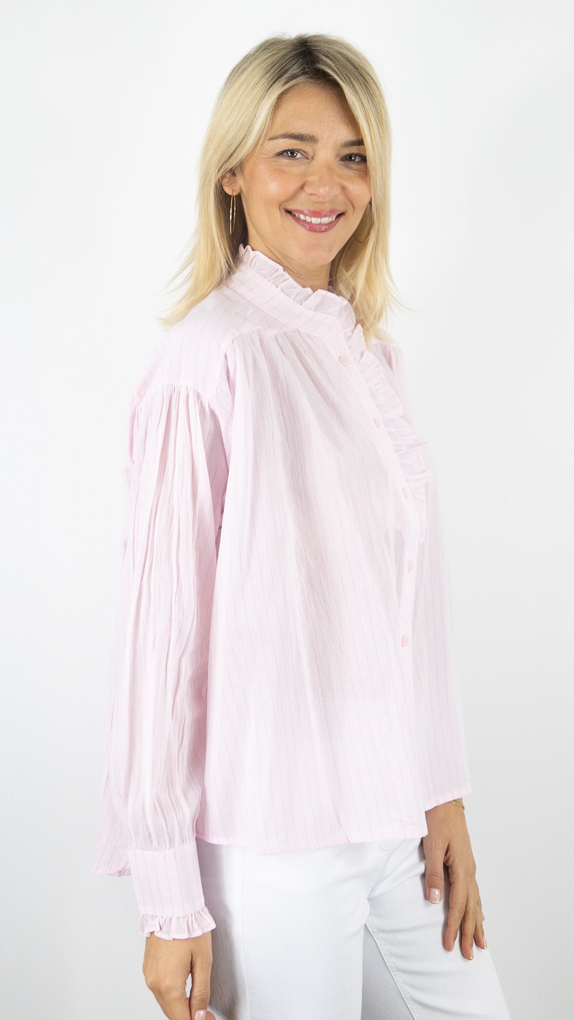 Blouse Vous rayé col vola #COLOR_rose