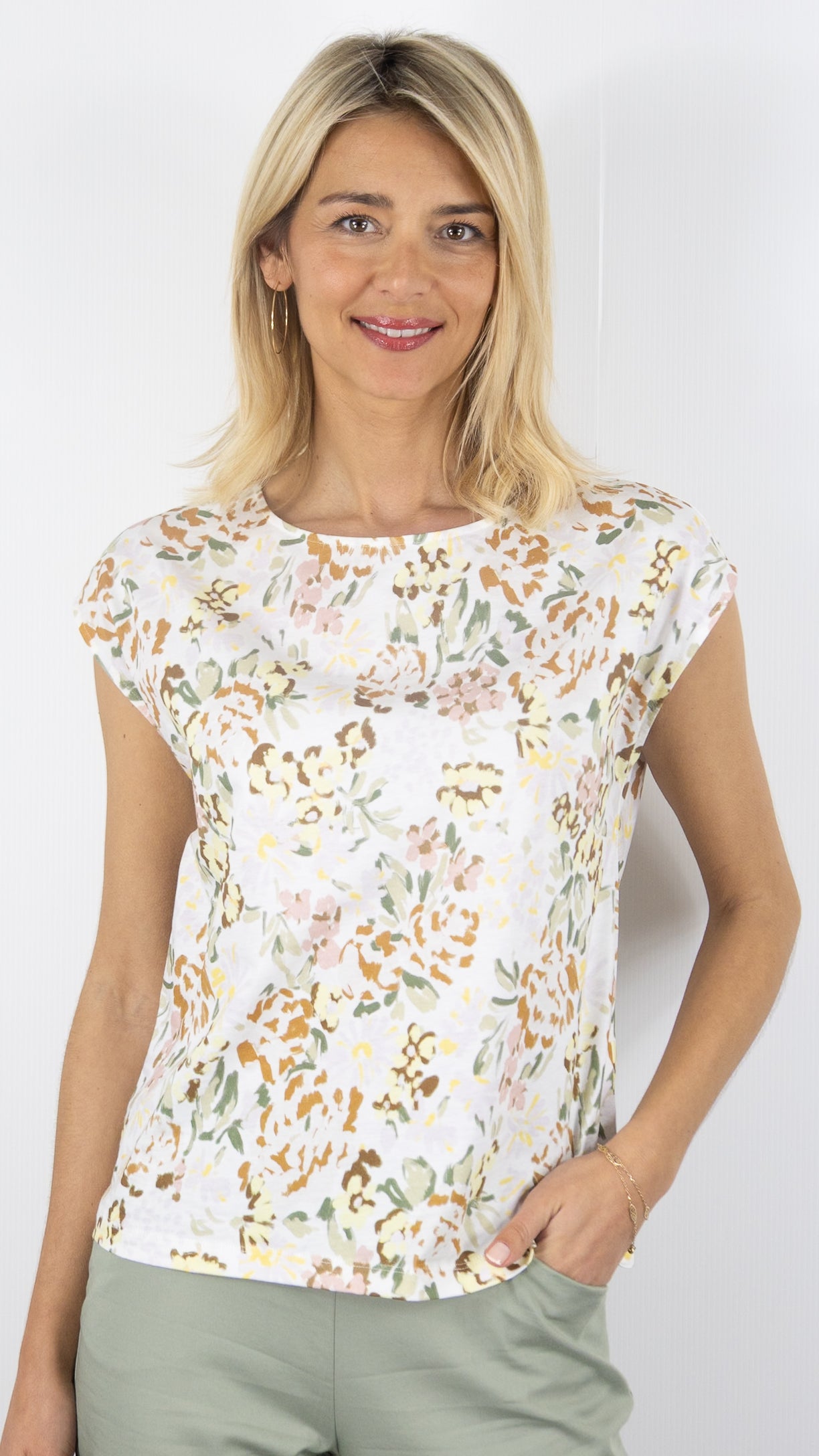 TOP  EN COTON IMPRIME FLEURI ALOE KAKI CLAIR DES PETITS HAUTS KALABS