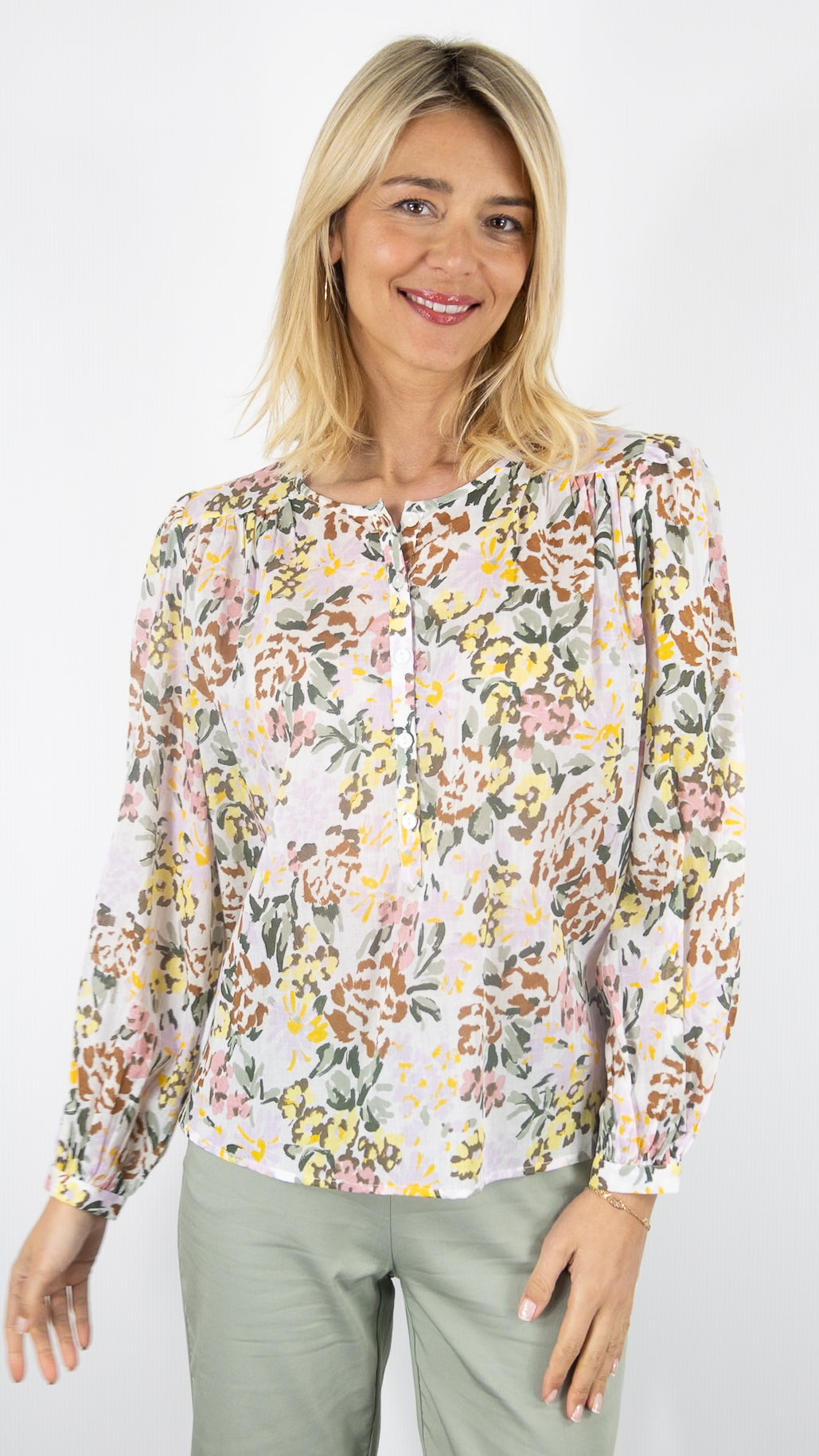 BLOUSE IMPRIME FLEURI EN COTON KAKI ROSE DES PETITS HAUTS ROXANE
