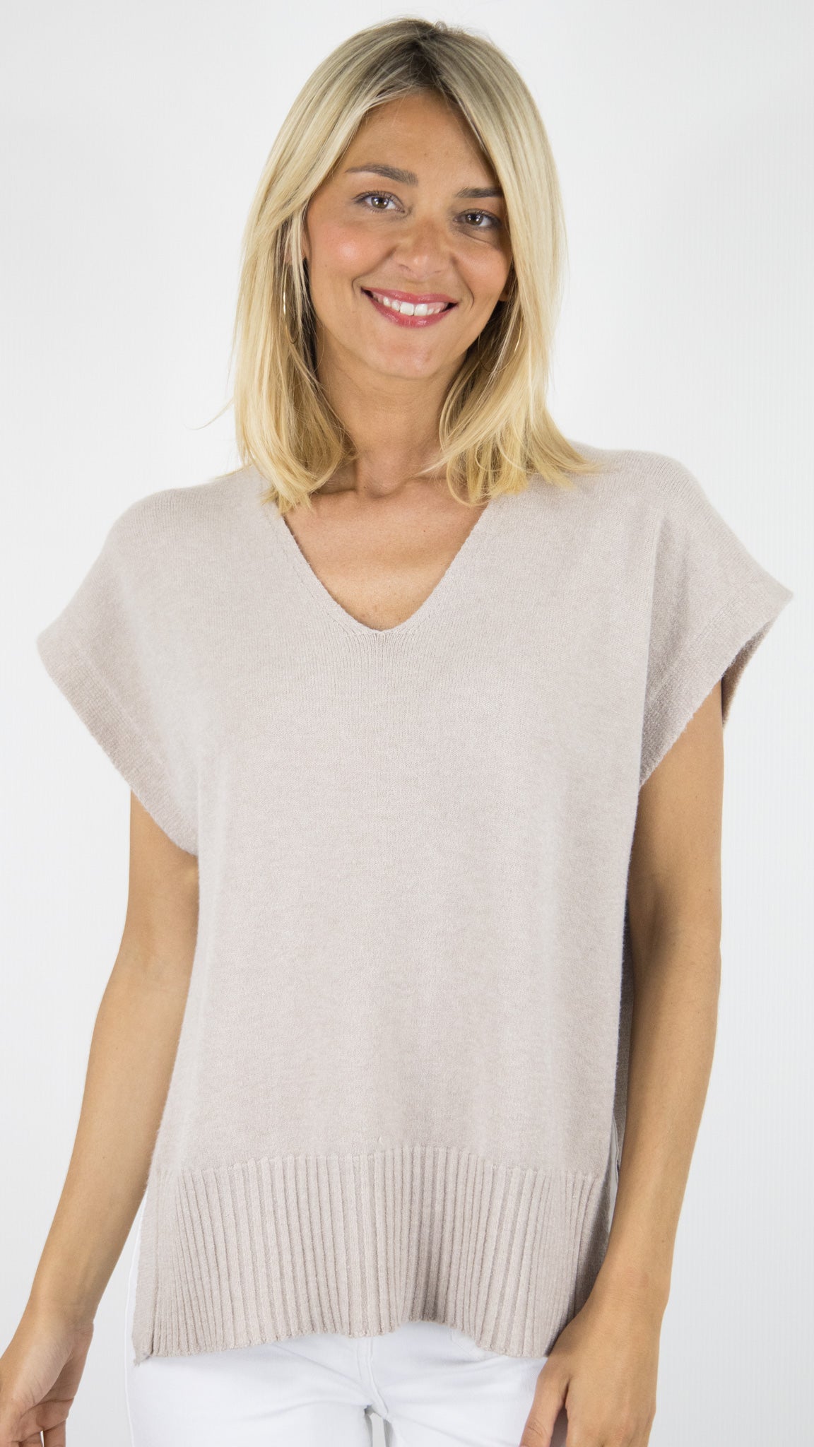 PULL  COL V MANCHES COURTES AMPLE FEMME WHY NOT 2121#COLOR_TAUPE