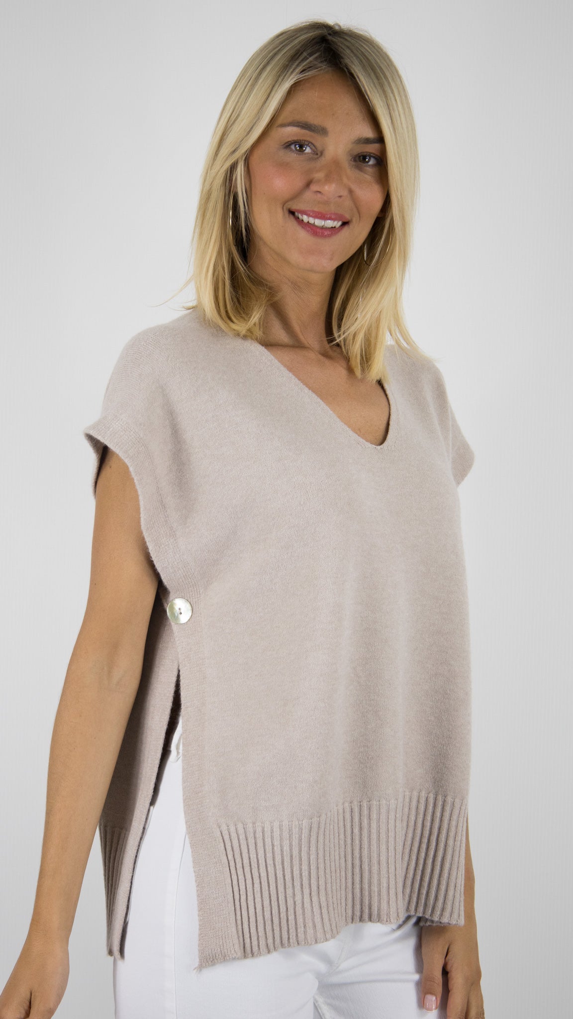 PULL  COL V MANCHES COURTES AMPLE FEMME WHY NOT 2121#COLOR_TAUPE
