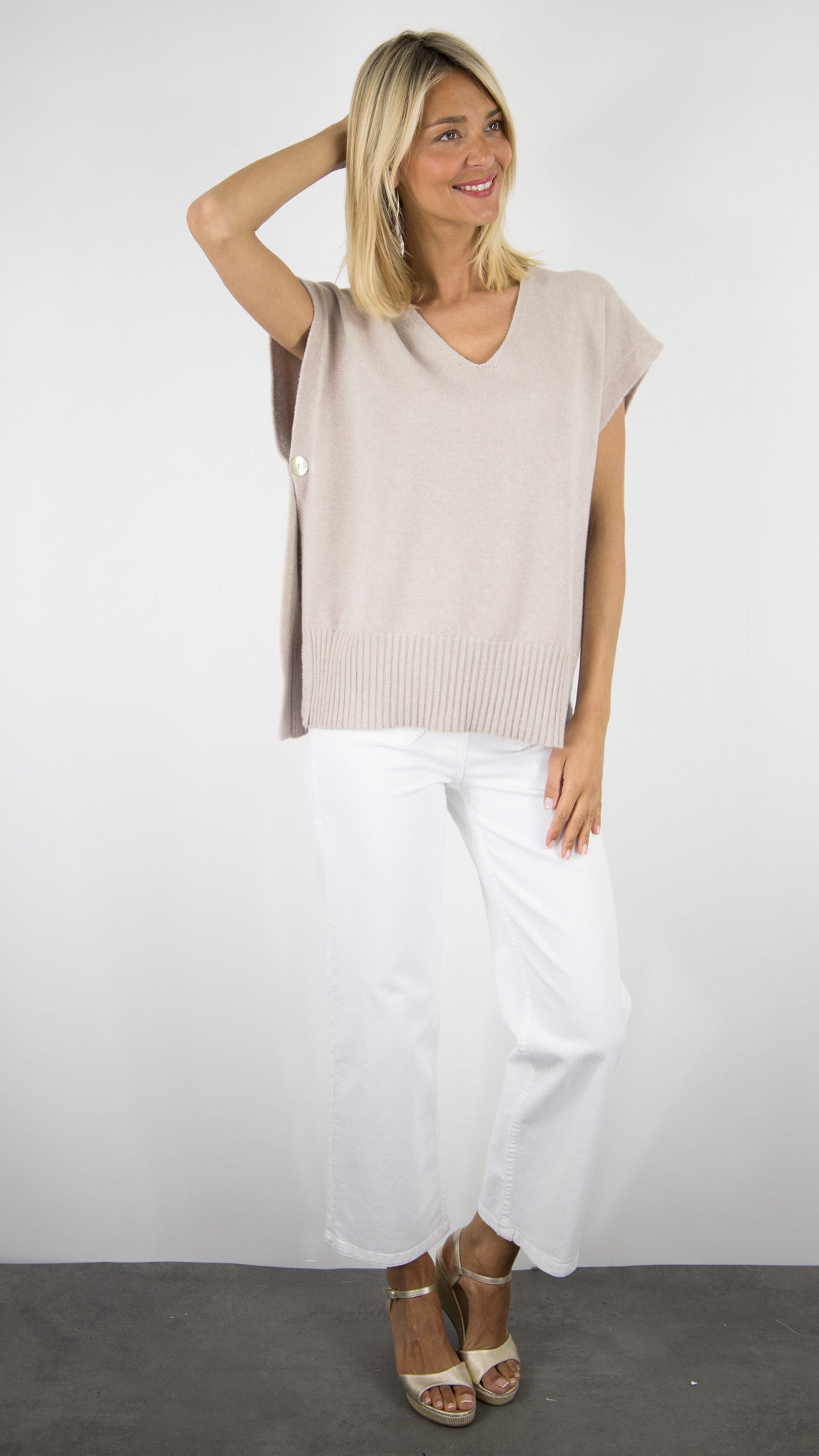 PULL  COL V MANCHES COURTES AMPLE FEMME WHY NOT 2121#COLOR_TAUPE