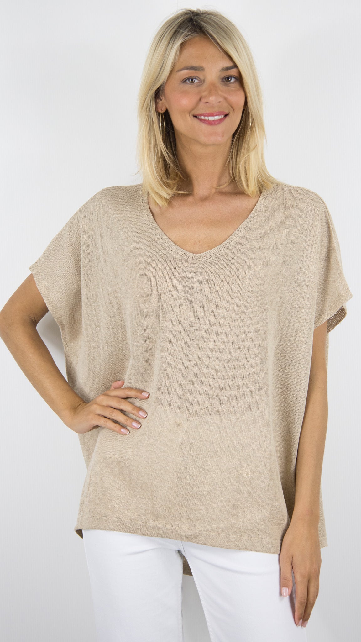 TEE COL V AMPLE SANS MANCHES POUR FEMME SHIRT NAIS 21468#COLOR_BEIGE