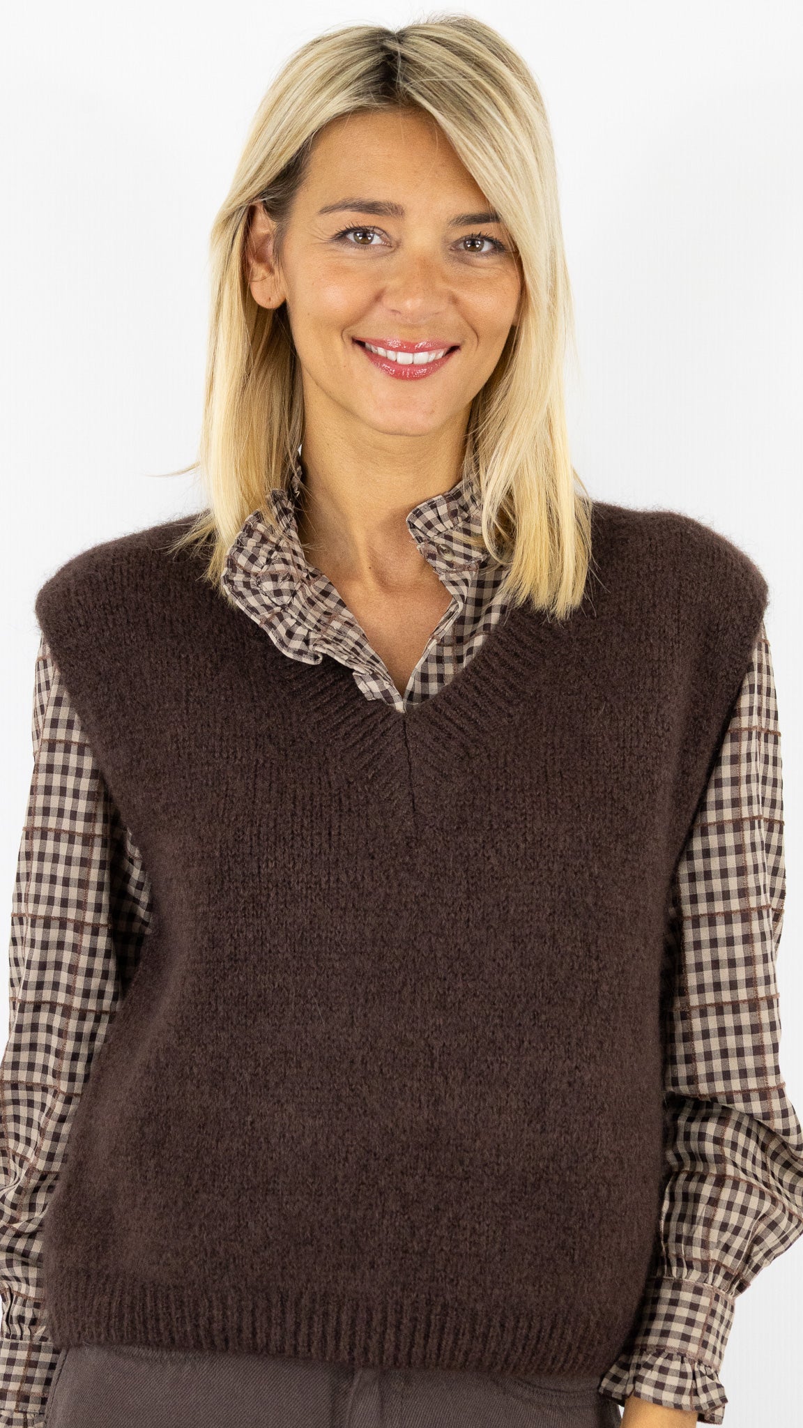PULL V SANS MANCHES EN ALPAGA POUR FEMME ANDROMEDE 2238#color_CHOCO