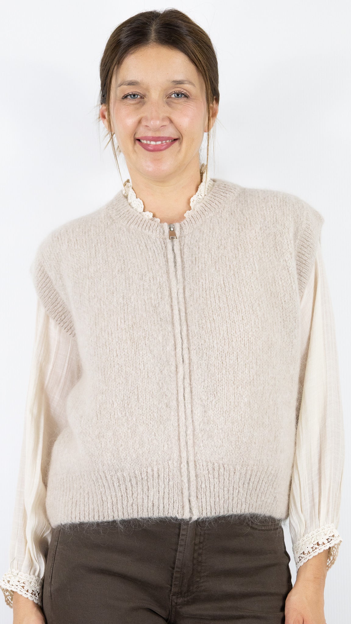 CARDIGAN ZIPPE EN MOHAIR NAIS 24144#COLOR_BEIGE