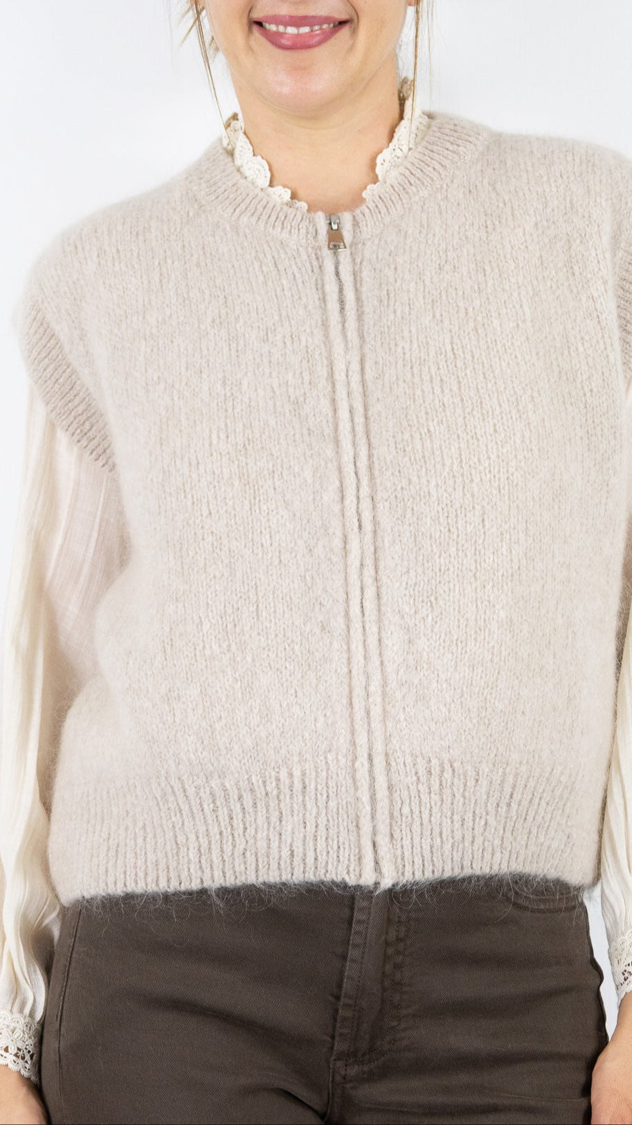 CARDIGAN ZIPPE EN MOHAIR NAIS 24144#COLOR_BEIGE