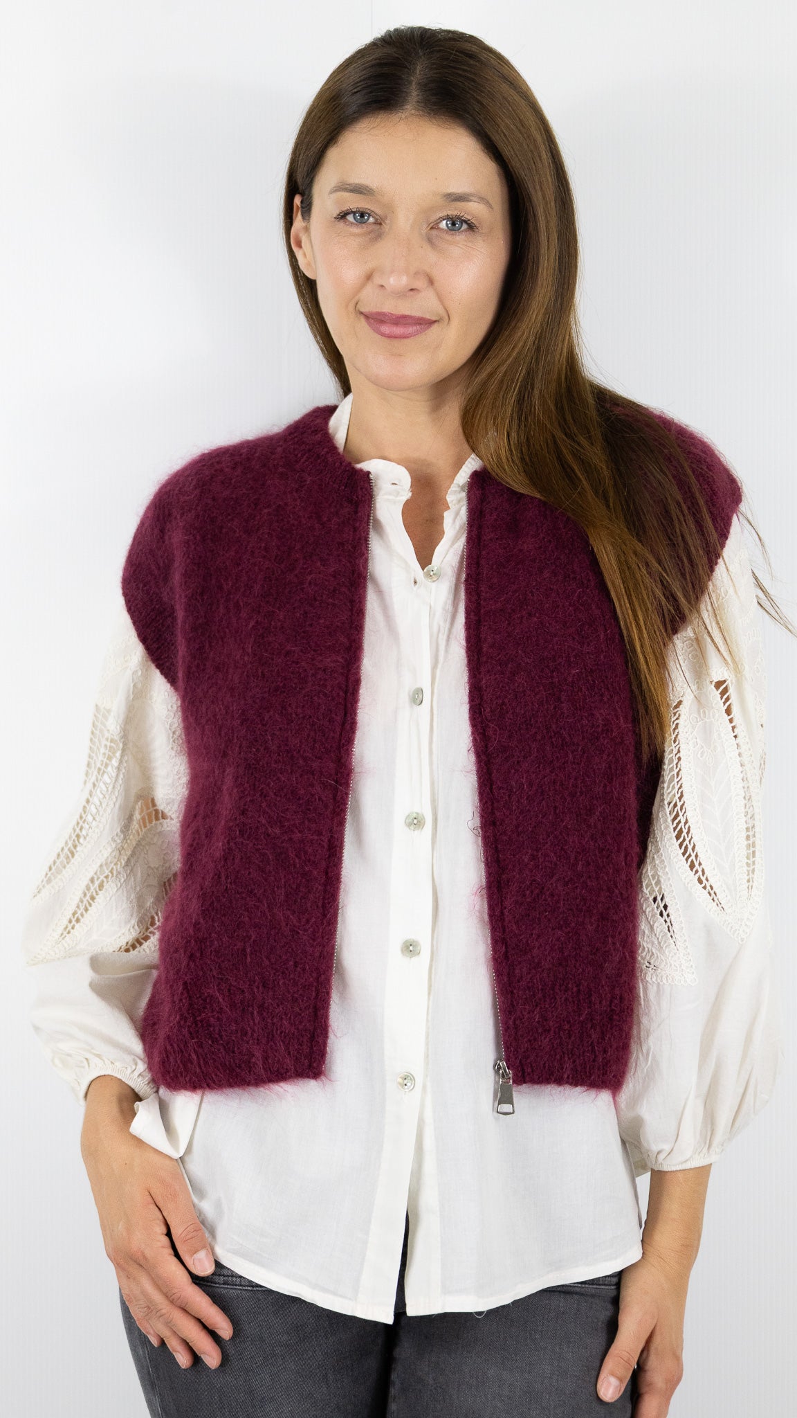 CARDIGAN ZIPPE EN MOHAIR NAIS 24144#COLOR_BORDEAUX
