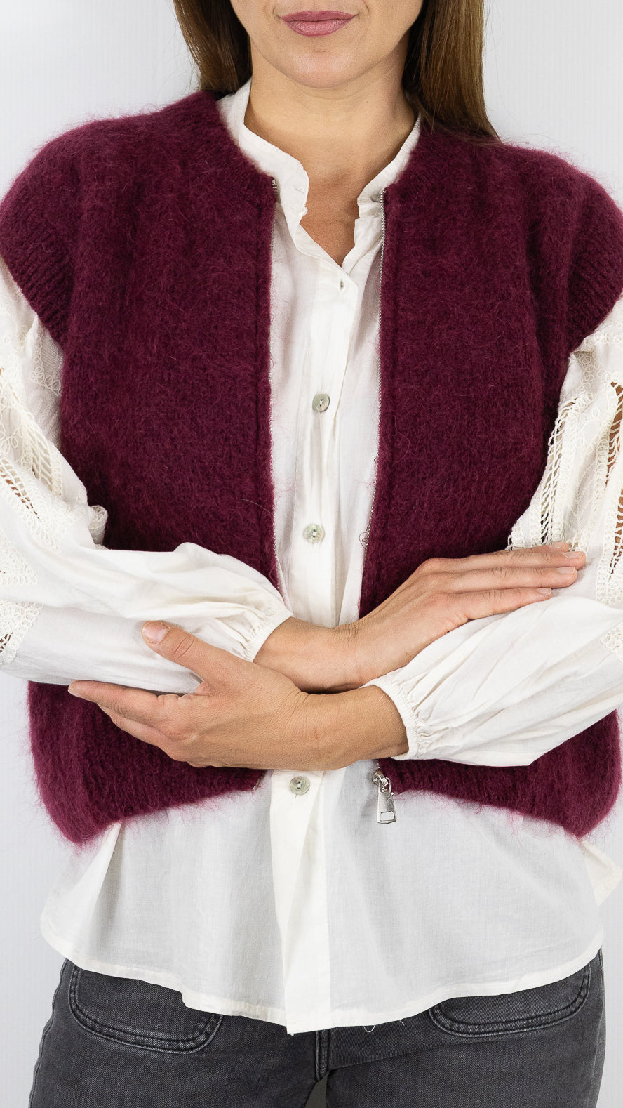 CARDIGAN ZIPPE EN MOHAIR NAIS 24144#COLOR_BORDEAUX