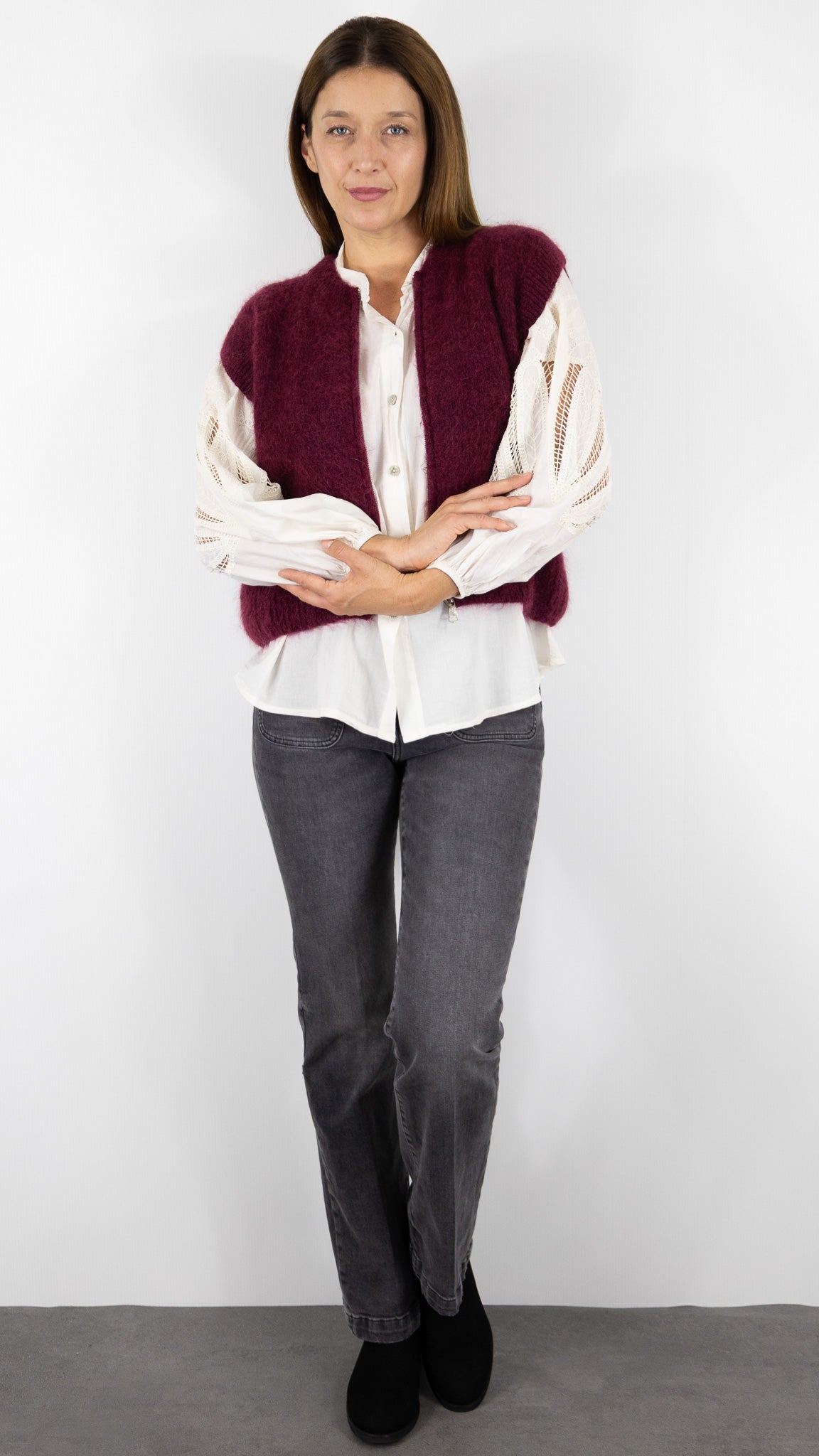 CARDIGAN ZIPPE EN MOHAIR NAIS 24144#COLOR_BORDEAUX