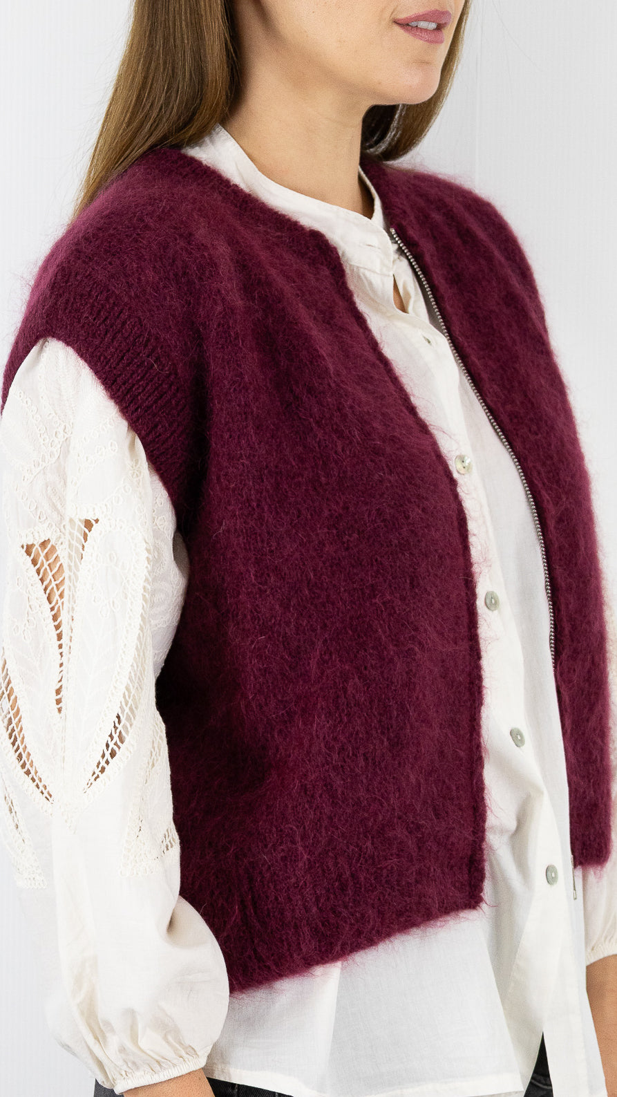 CARDIGAN ZIPPE EN MOHAIR NAIS 24144#COLOR_BORDEAUX