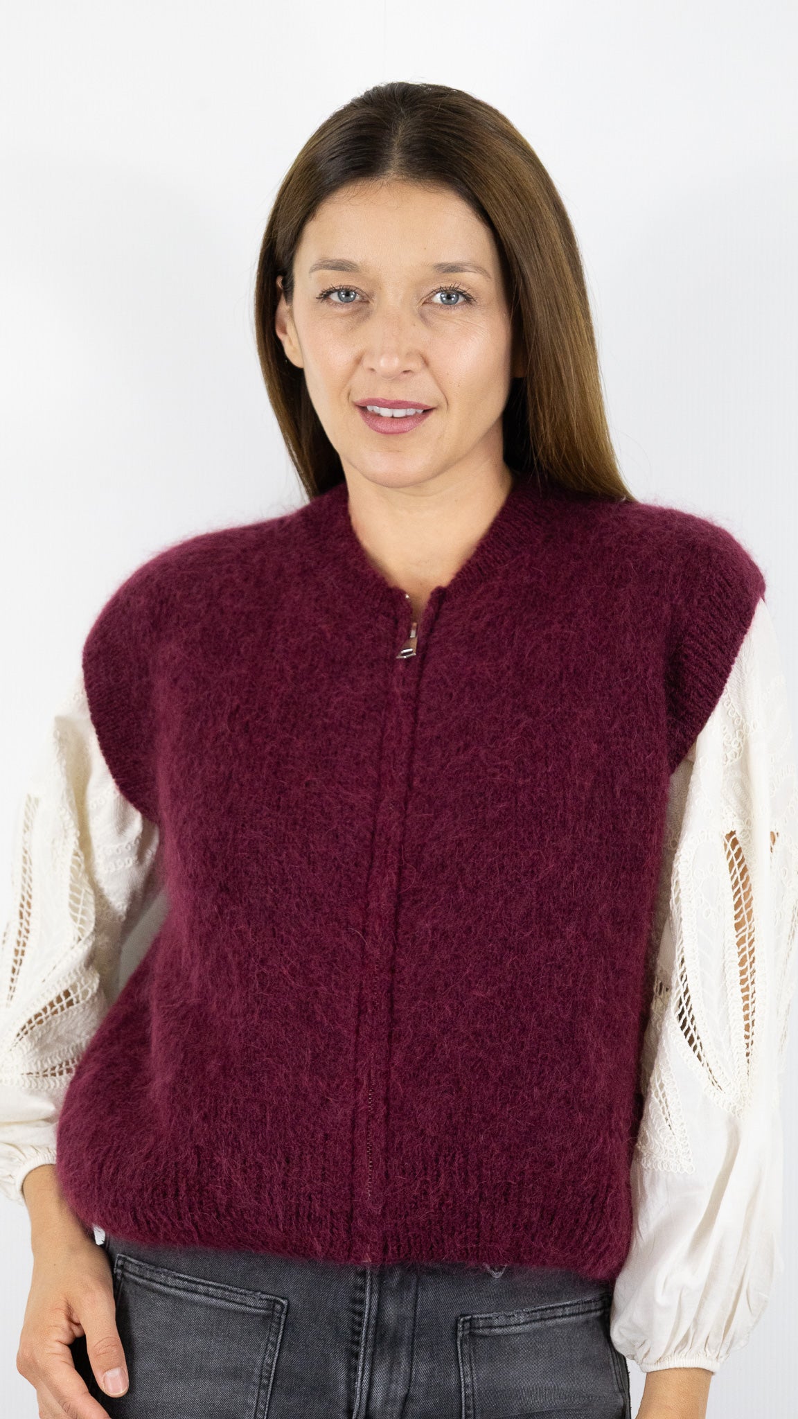 CARDIGAN ZIPPE EN MOHAIR NAIS 24144#COLOR_BORDEAUX
