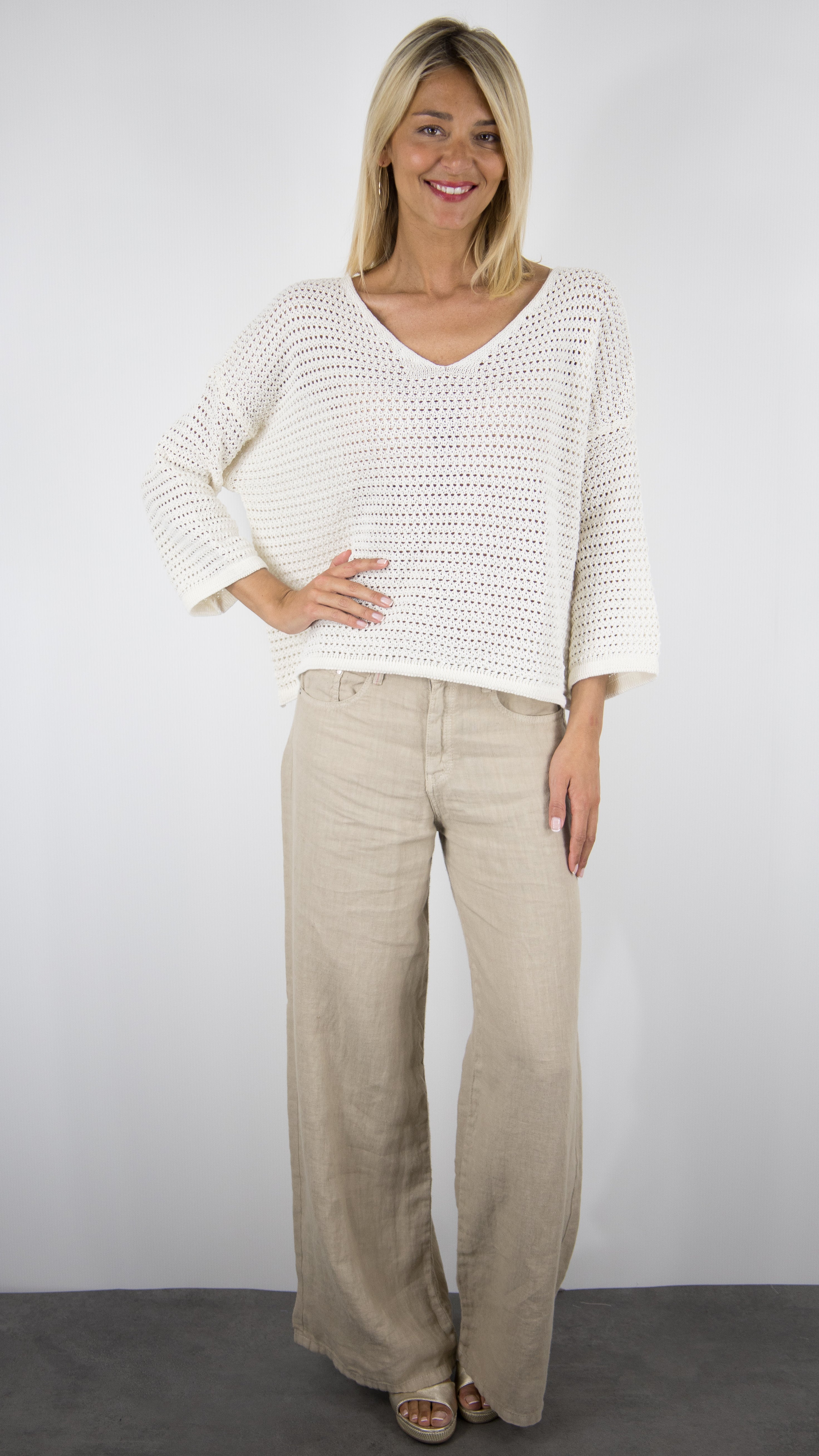 PULL V AMPLE EN CROCHET ECRU POUR FEMME NAIS 24156