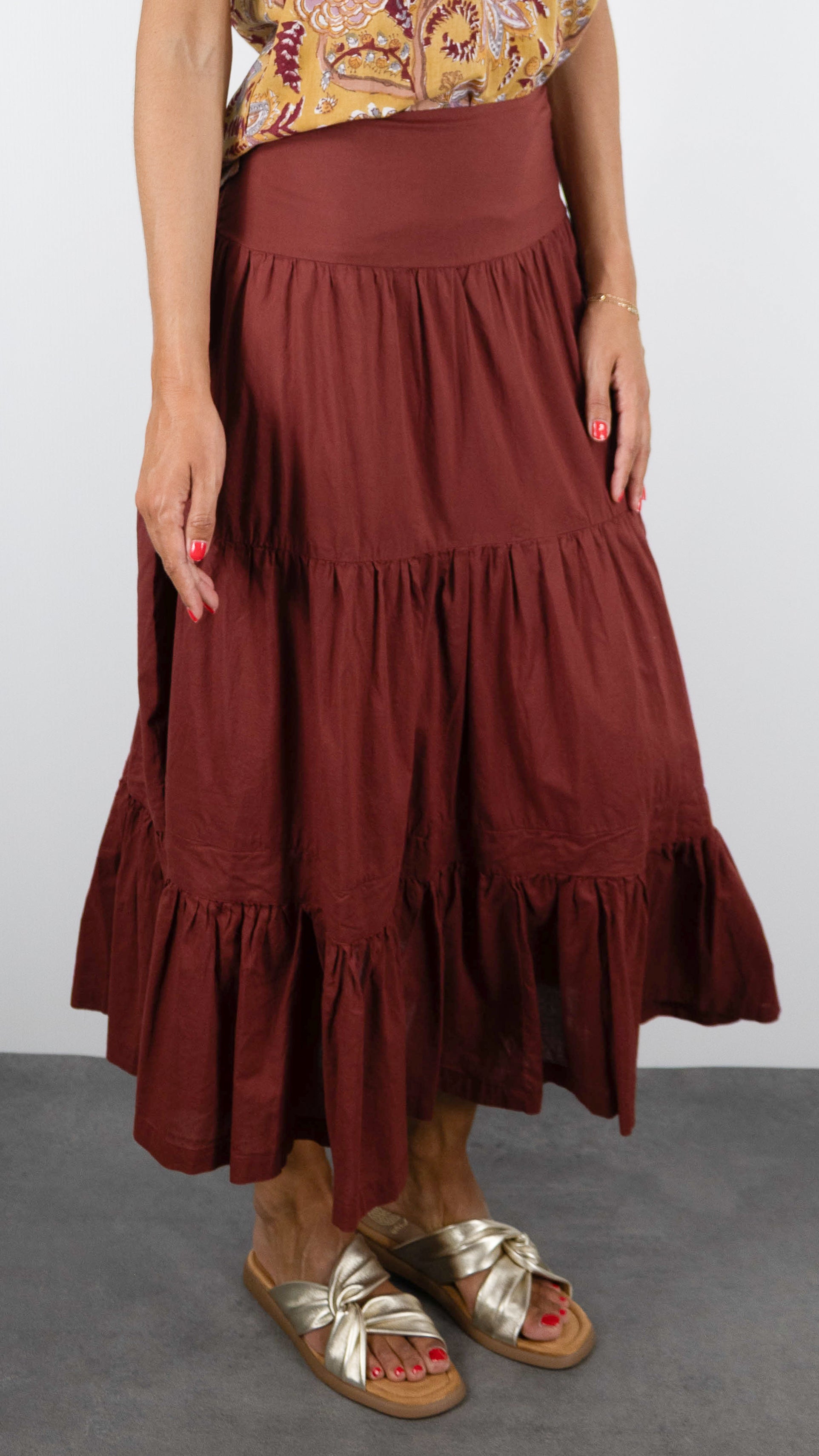 JUPE A VOLANTS EN COTON COLORES 2422.99#COLOR_SIRAH/BRIQUE