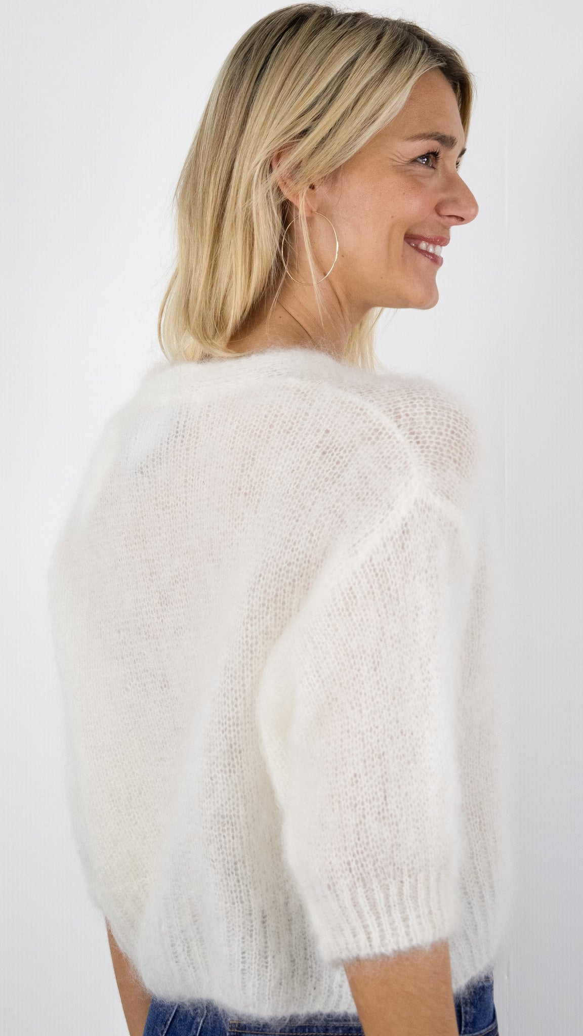 GILET COL V MANCHES 3/4 EN KID MOHAIR POUR FEMME NAIS 24233#COLOR_ECRU
