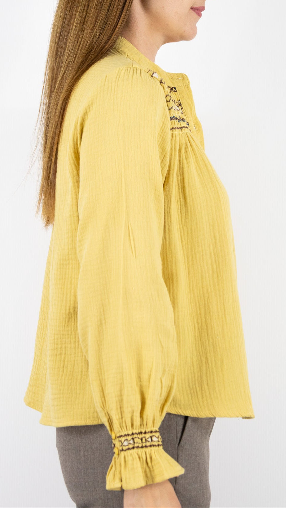 CHEMISE BRODEE EN GAZE DE COTON OCRE LILI ET LALA 24266#COLOR_OCRE