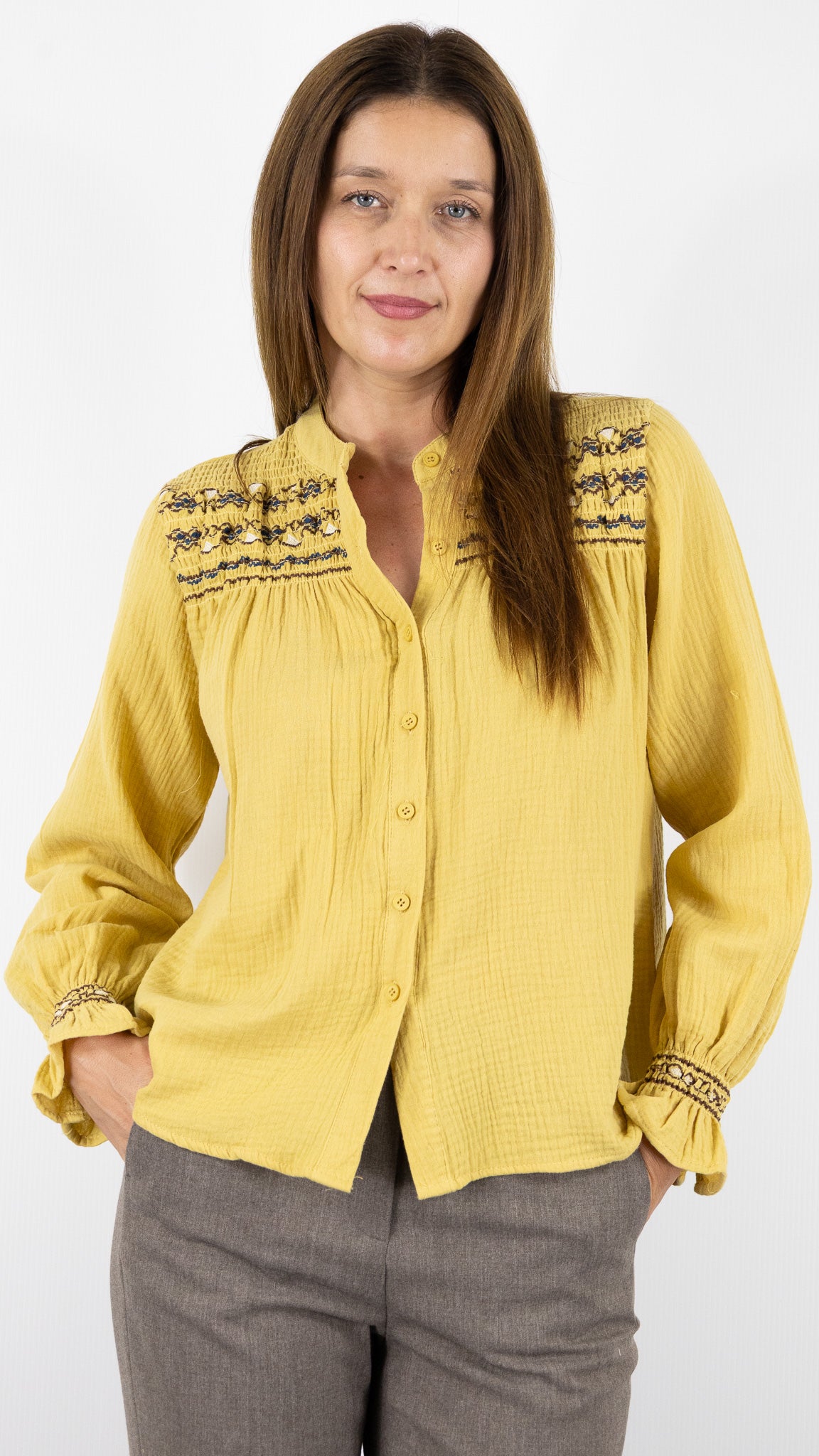 CHEMISE BRODEE EN GAZE DE COTON OCRE LILI ET LALA 24266