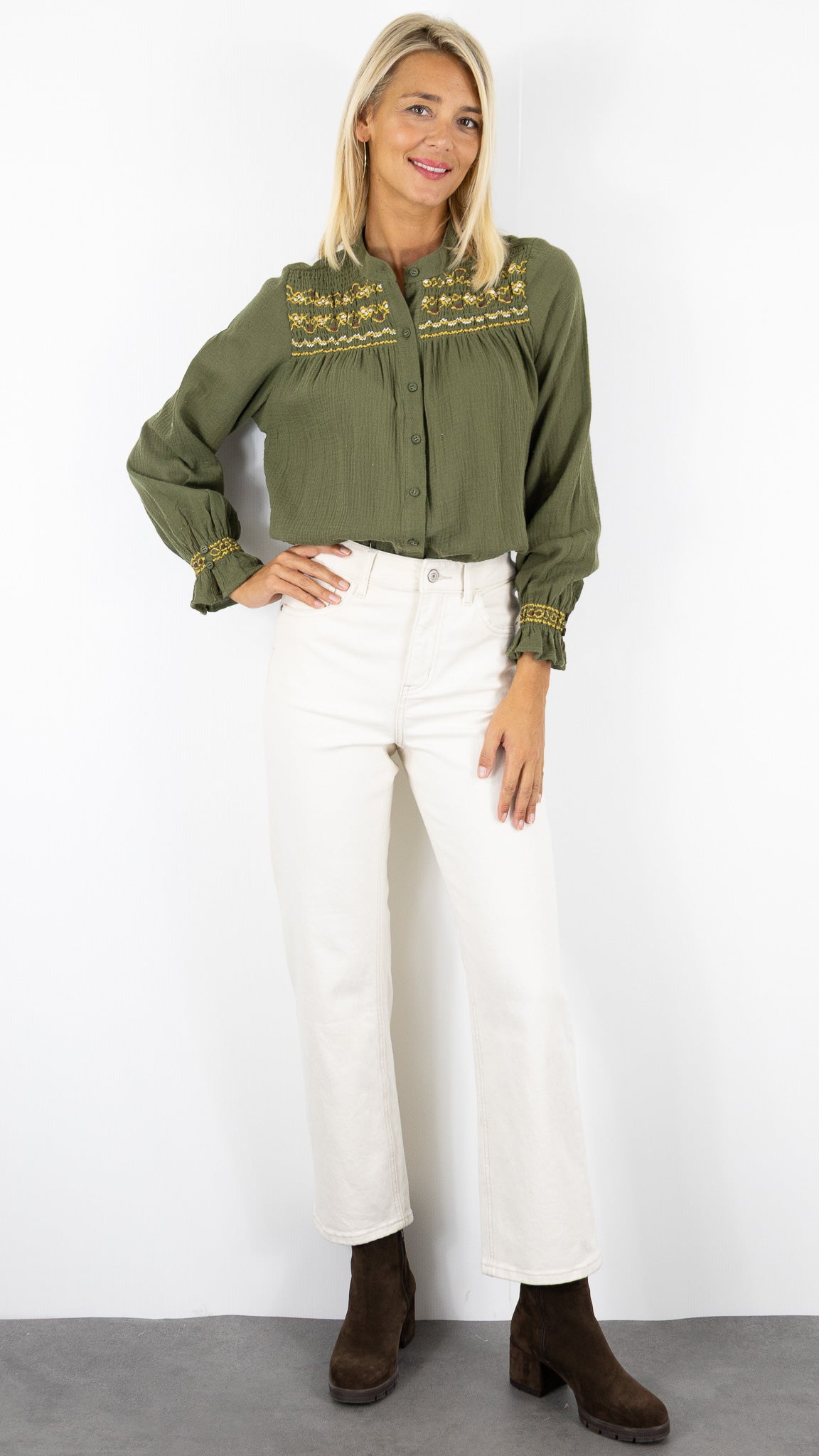 CHEMISE BRODEE EN GAZE DE COTON OCRE LILI ET LALA 24266#COLOR_KAKI