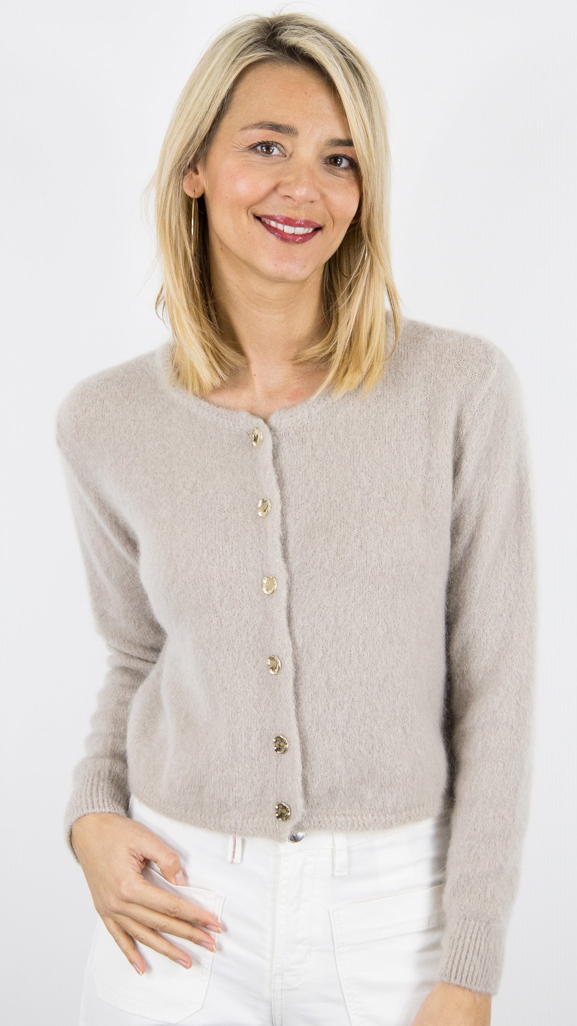 CARDIGAN COURT EN KID MOHAIR POUR FEMME ANDROMEDE 24288#COLOR_BEIGE