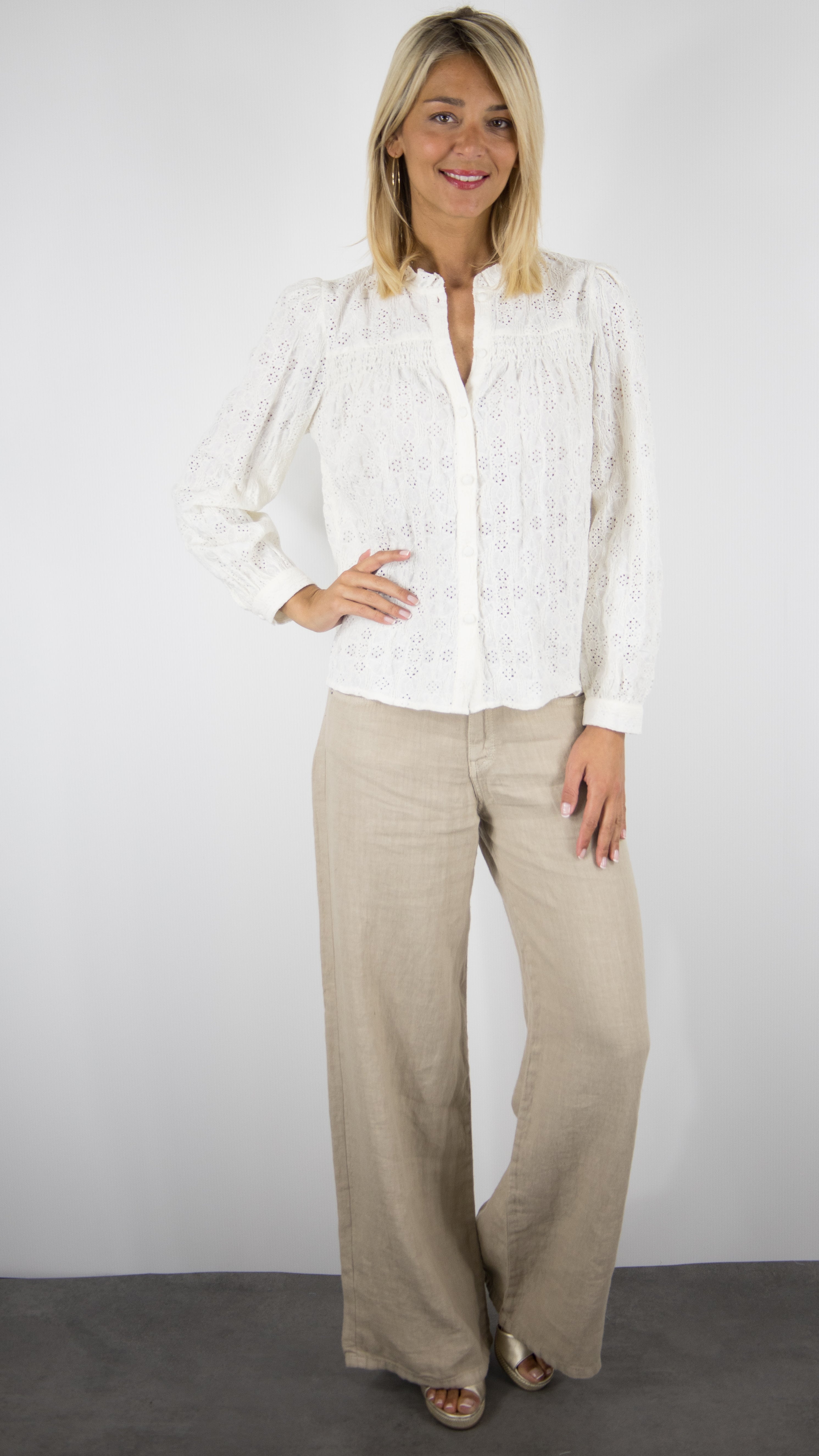 BLOUSE EN COTON AJOUREE FLEURIE BEIGE FEMME LILI ET LALA 24330