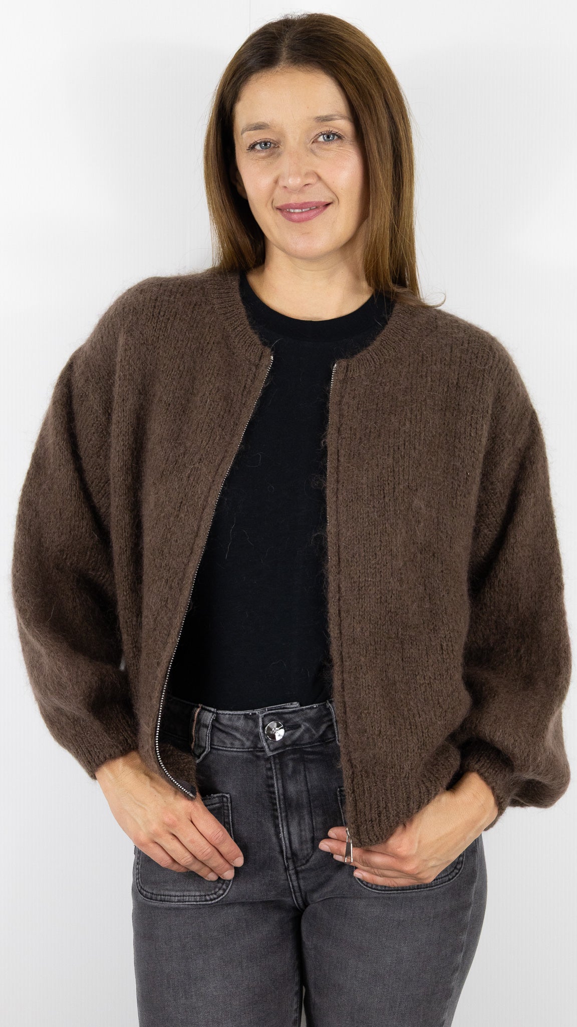 CARDIGAN ZIPPE FEMME NAIS 25060#COLOR_CHOCO
