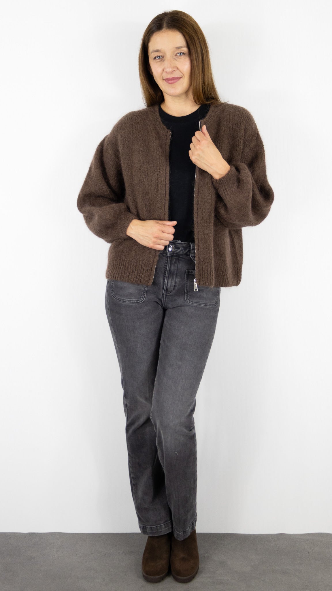 CARDIGAN ZIPPE FEMME NAIS 25060#COLOR_CHOCO