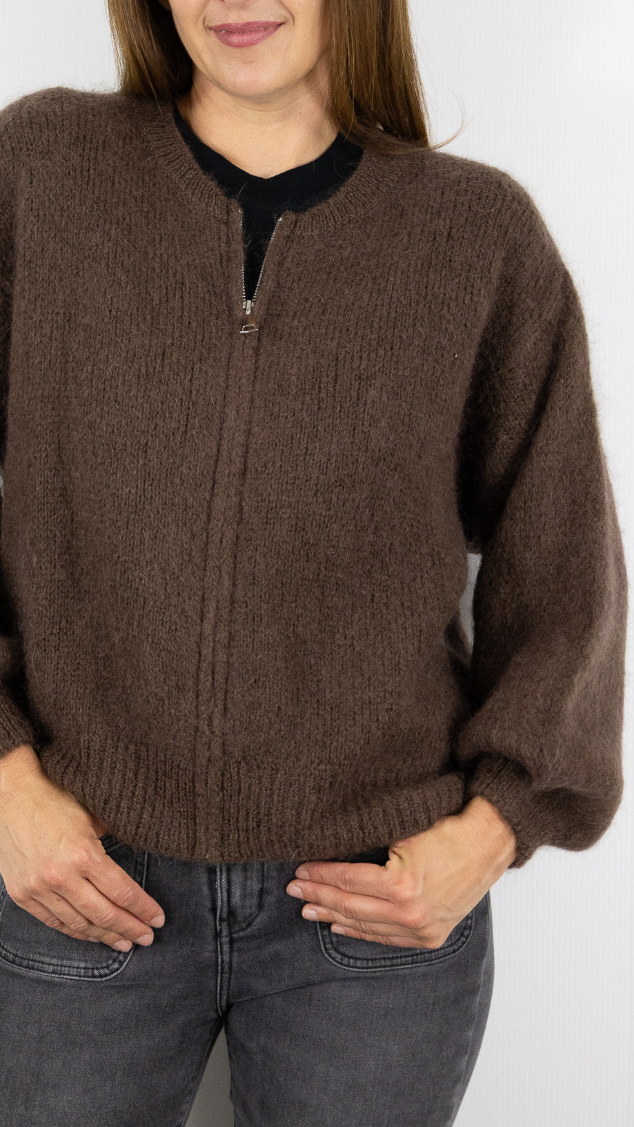 CARDIGAN ZIPPE FEMME NAIS 25060#COLOR_CHOCO