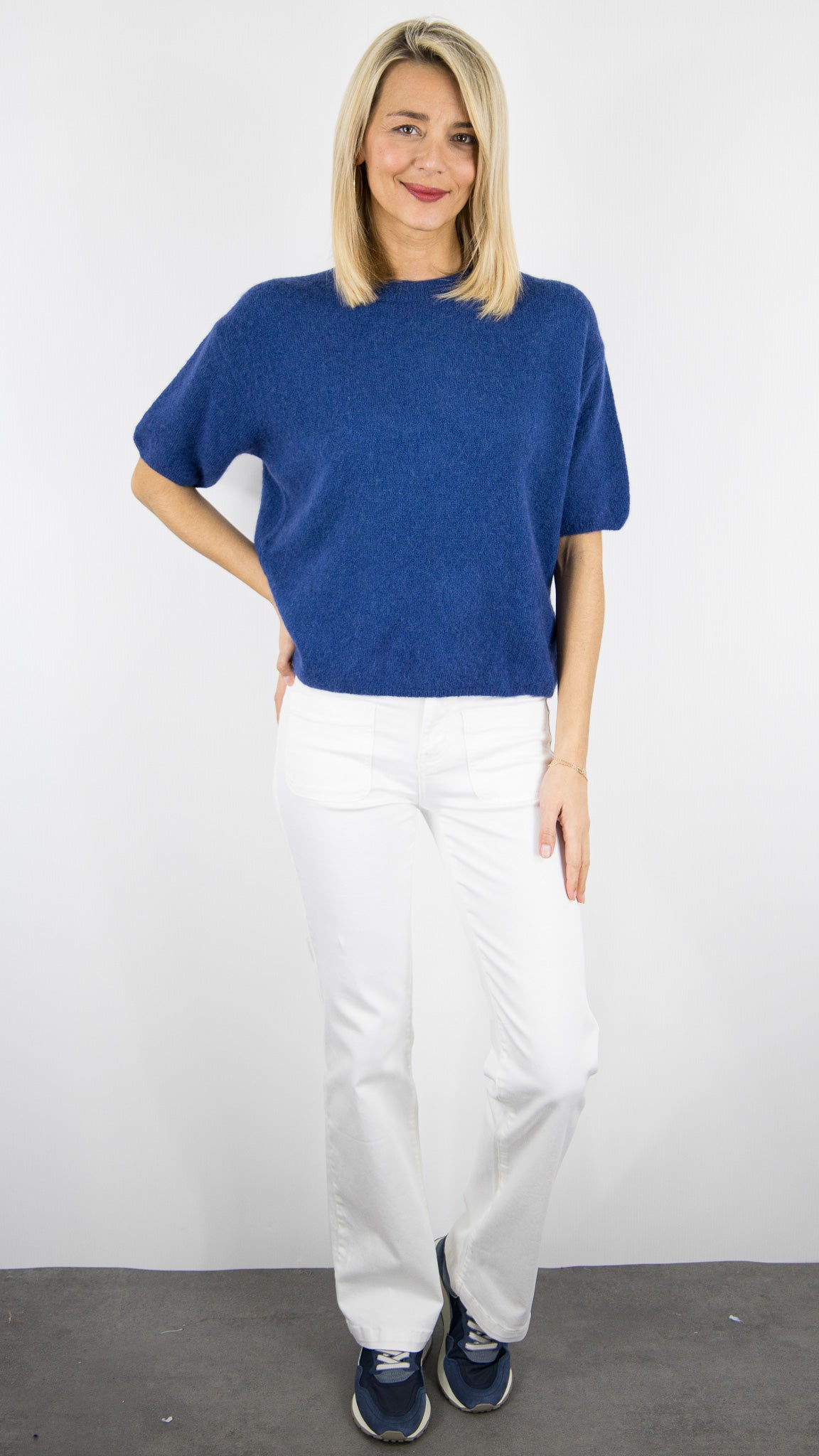 PULL COURT MANCHES 3/4 EN BABY ALPAGA POUR FEMME STUDIO PARISIEN 25061#COLOR_BLEU