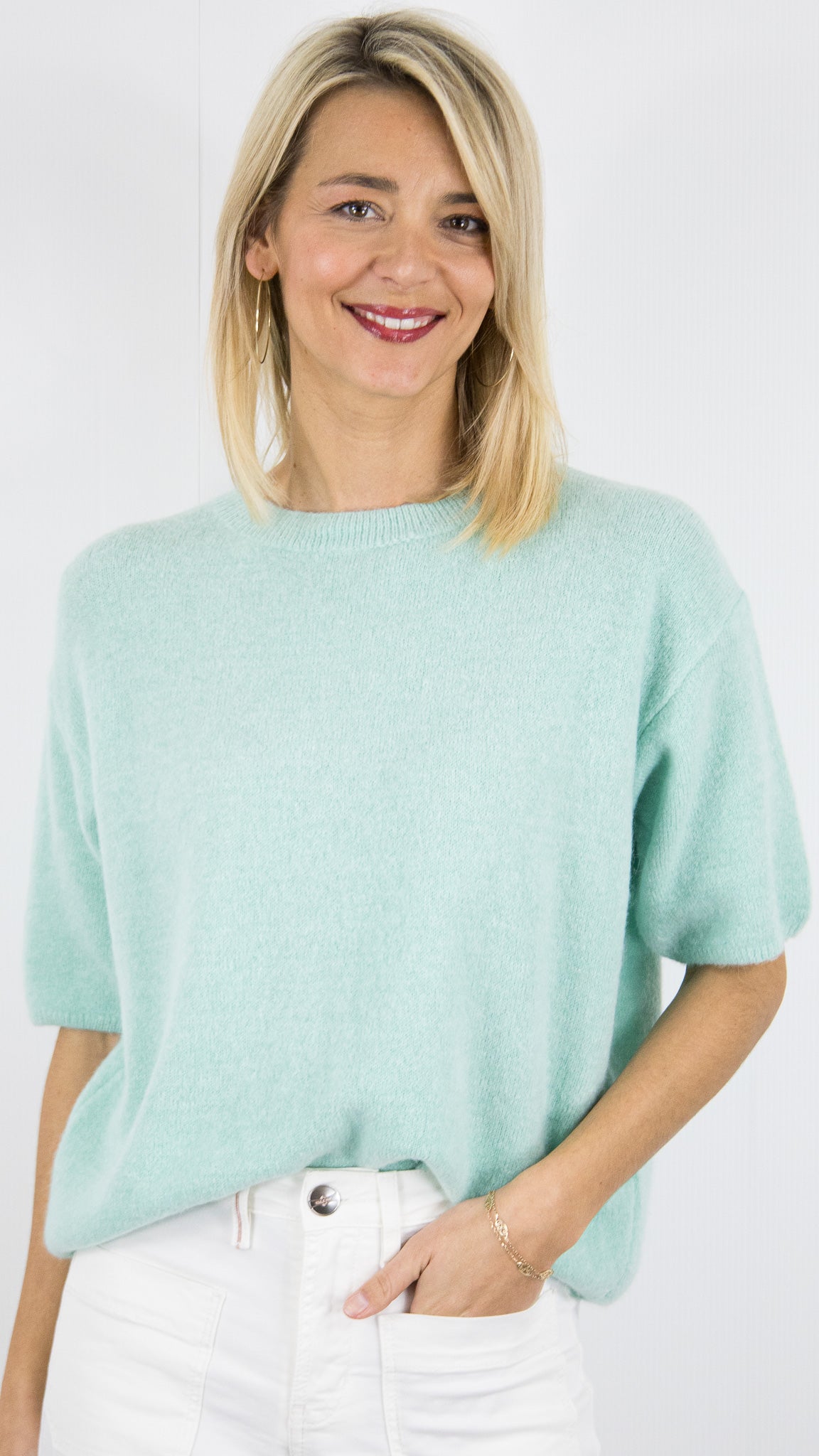 PULL COURT MANCHES 3/4 EN BABY ALPAGA POUR FEMME STUDIO PARISIEN 25061#COLOR_MINT