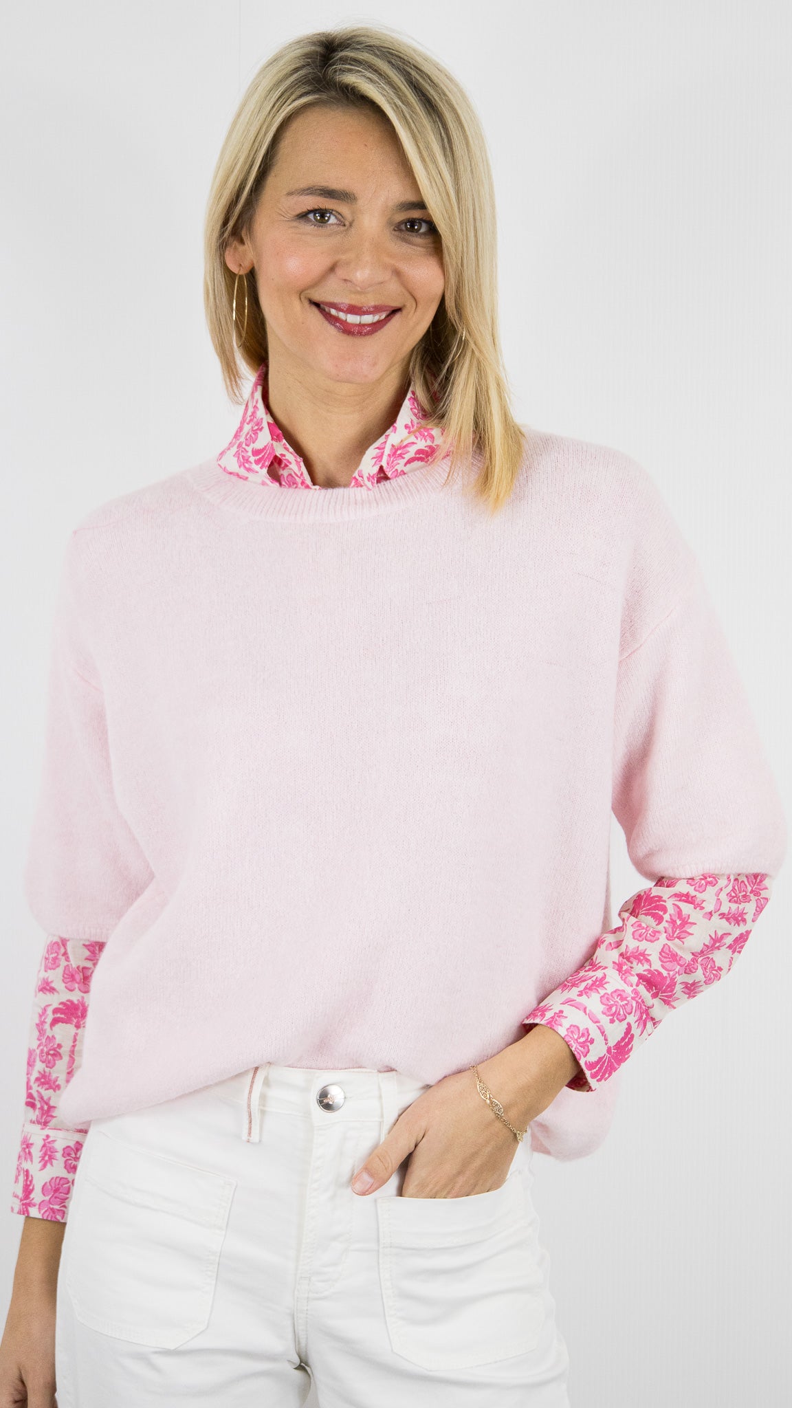 PULL COURT MANCHES 3/4 EN BABY ALPAGA POUR FEMME STUDIO PARISIEN 25061#COLOR_ROSE