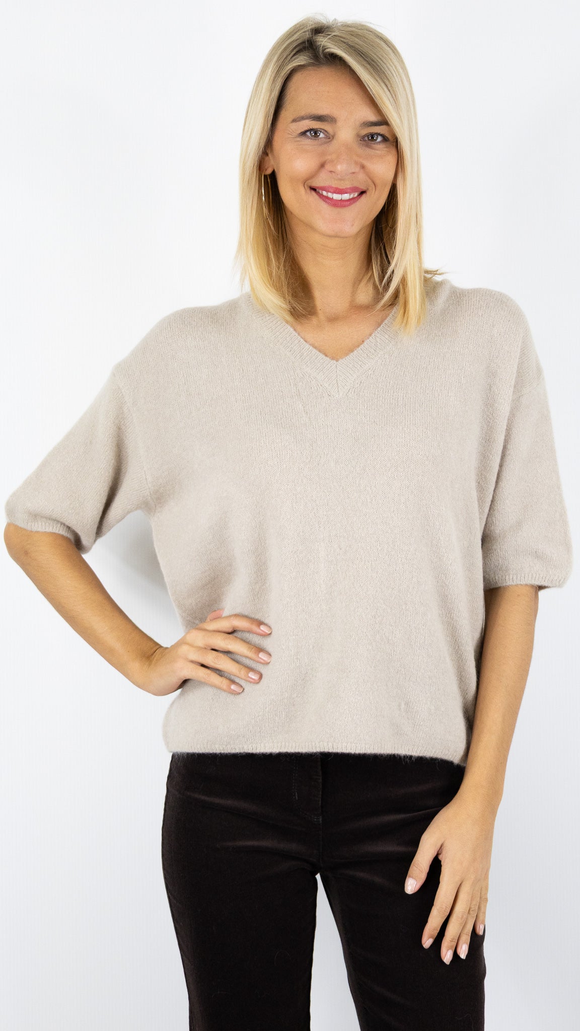 PULL COL V MANCHES 3/4 FEMME EN BABY ALPAGA STUDIO PARISIEN 25062#COLOR_BEIGE