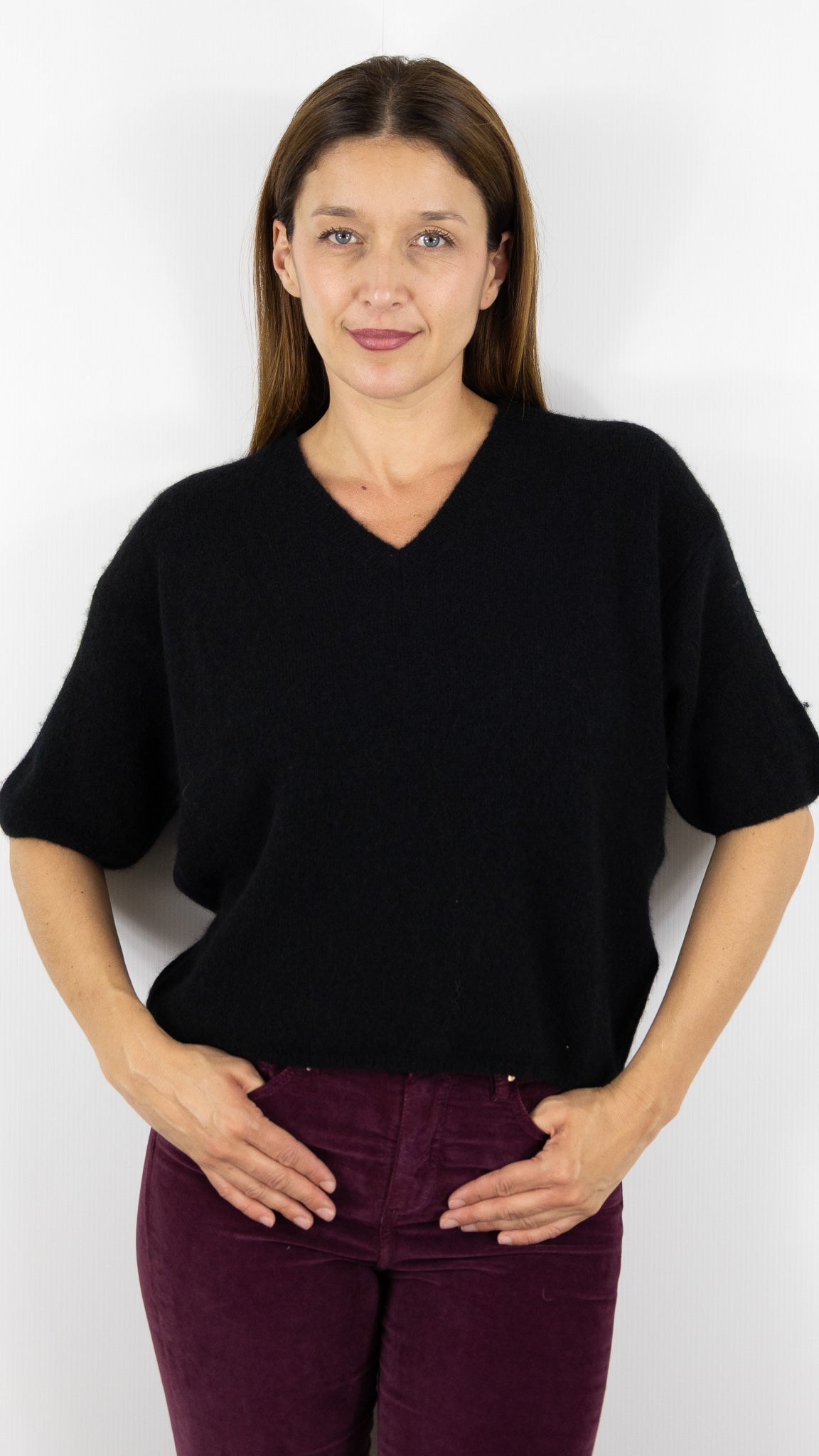 PULL COL V MANCHES 3/4 FEMME EN BABY ALPAGA STUDIO PARISIEN 25062#COLOR_NOIR