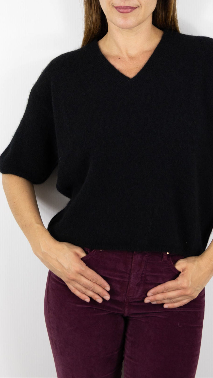 PULL COL V MANCHES 3/4 FEMME EN BABY ALPAGA STUDIO PARISIEN 25062#COLOR_NOIR