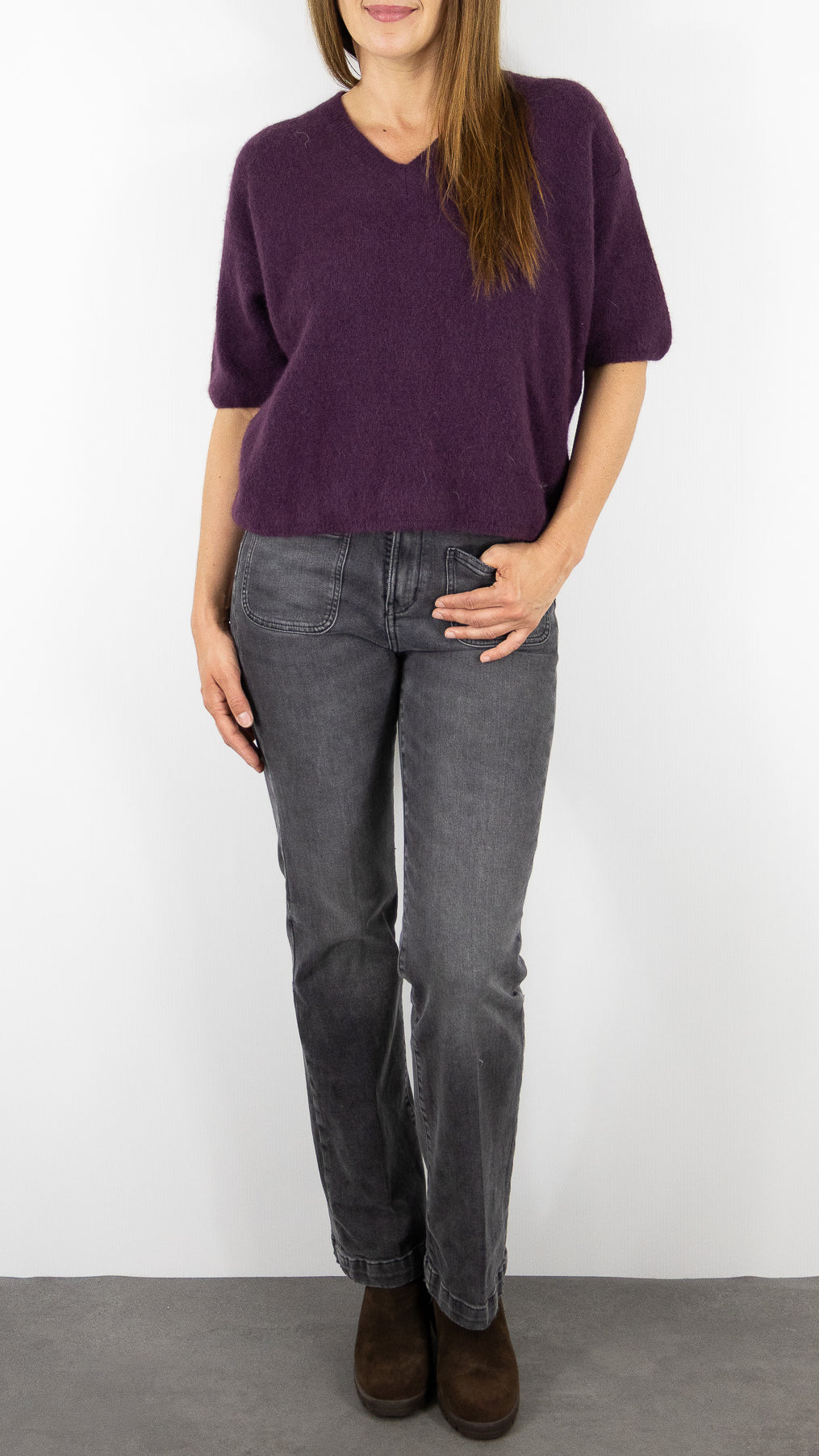 PULL COL V MANCHES 3/4 FEMME EN BABY ALPAGA STUDIO PARISIEN 25062#COLOR_PRUNE