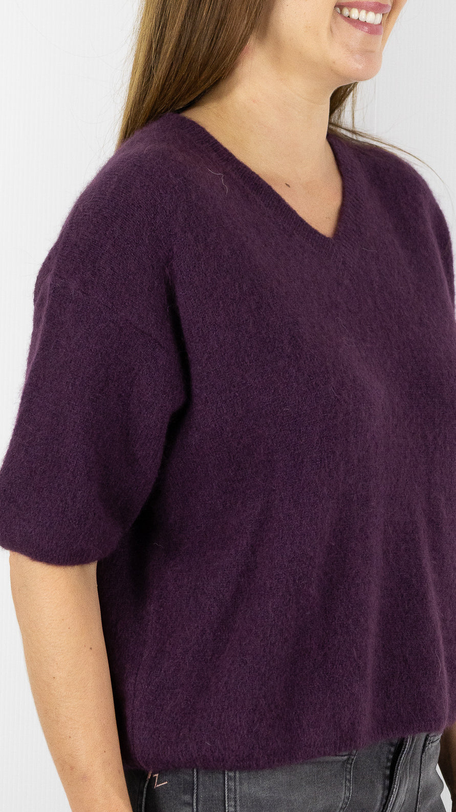 PULL COL V MANCHES 3/4 FEMME EN BABY ALPAGA STUDIO PARISIEN 25062#COLOR_PRUNE