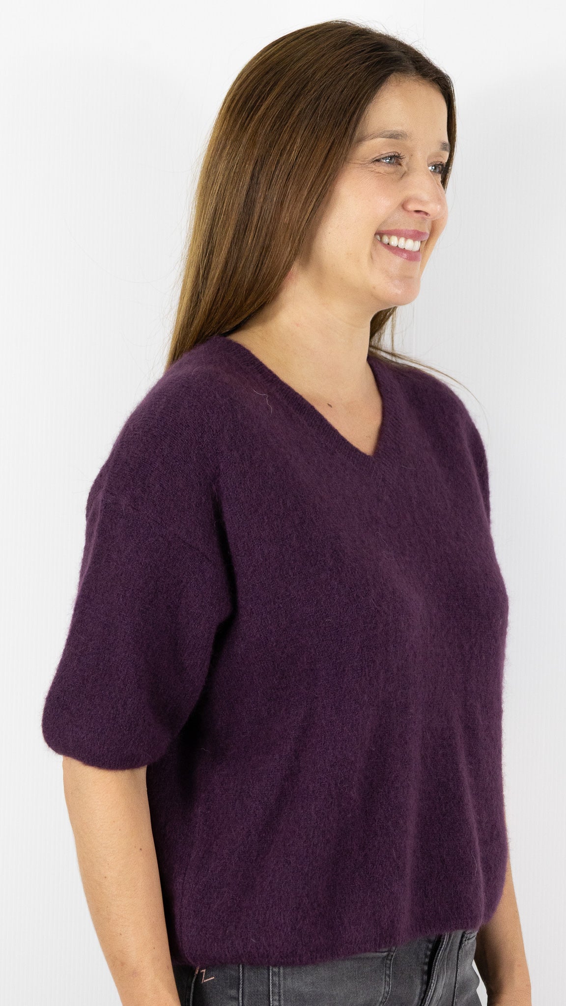 PULL COL V MANCHES 3/4 FEMME EN BABY ALPAGA STUDIO PARISIEN 25062#COLOR_PRUNE