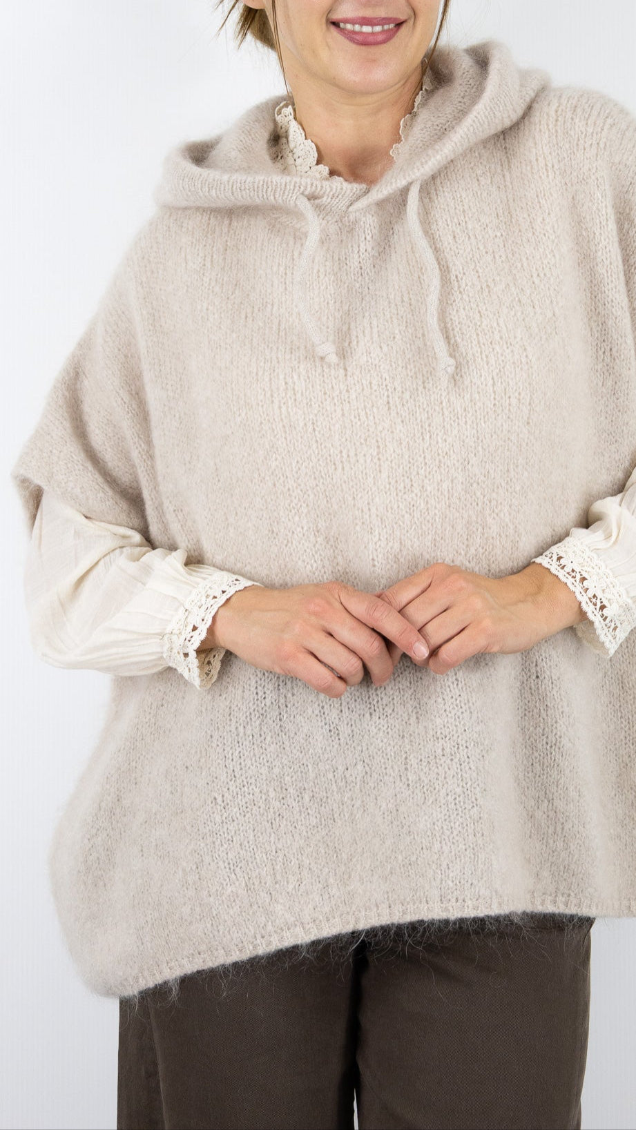 PULL MANCHES COURTES AMPLE A CAPUCHE NAIS 25083#COLOR_BEIGE