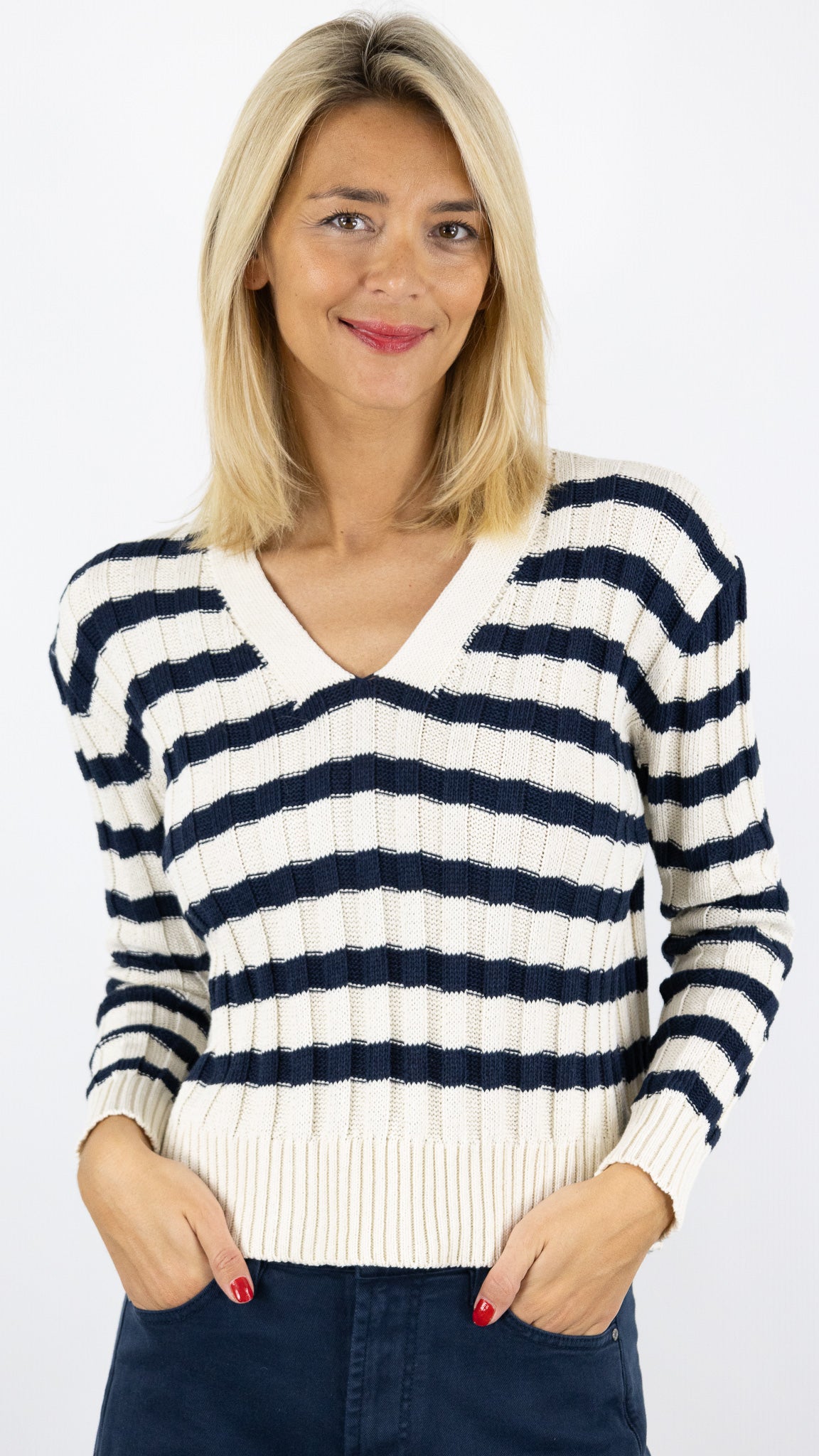 PULL V MARINIERE STUDIO PARISIEN 2513#color_BEIGE/MARINE