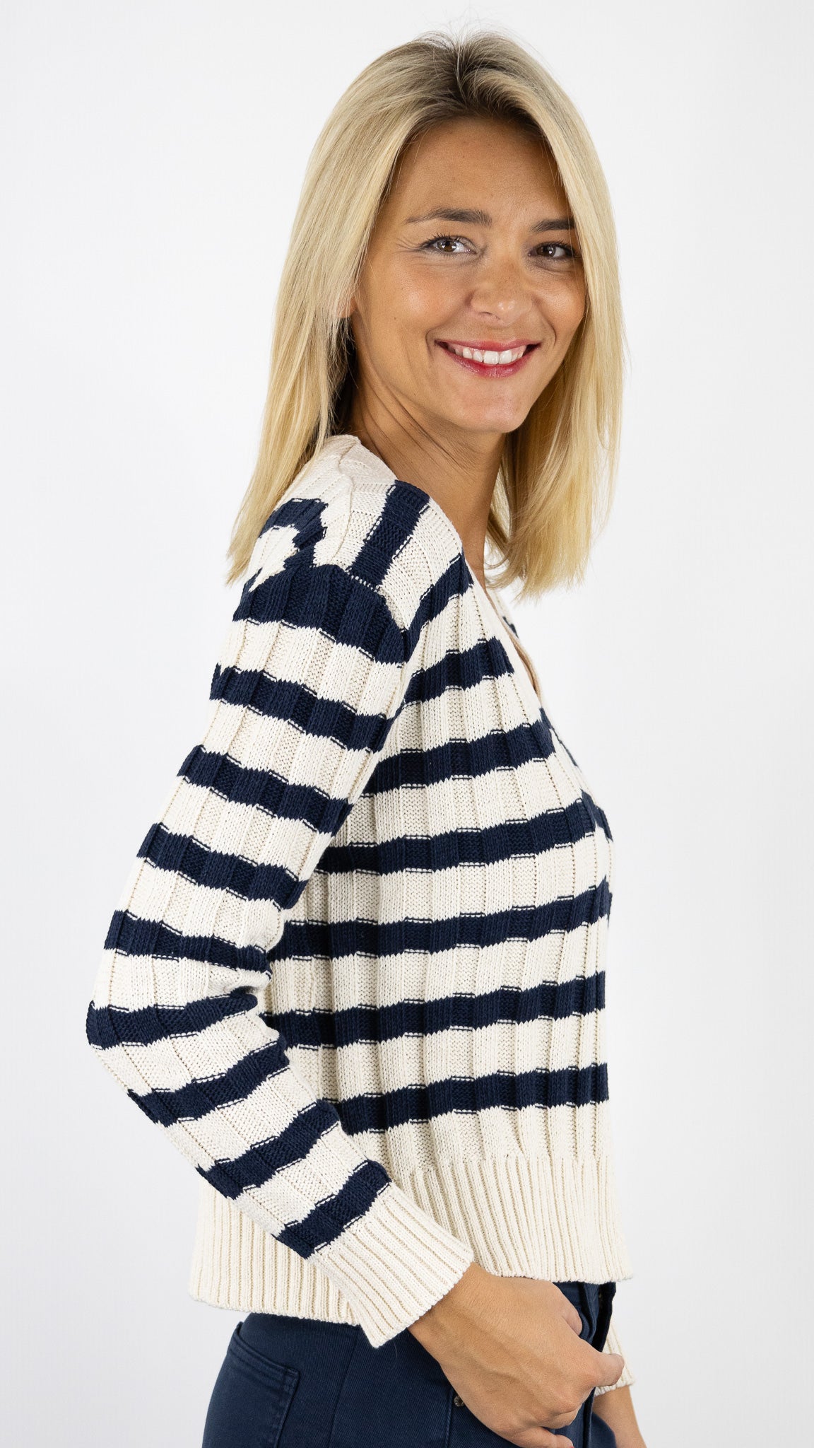 PULL V MARINIERE STUDIO PARISIEN 2513#color_BEIGE/MARINE